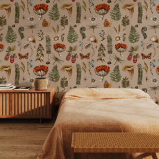 Vintage Mushroom and Fern Woodland Peel and Stick Wallpaper, Taupe Botanical Wall Mural, Whimsical Forest Nature Decor