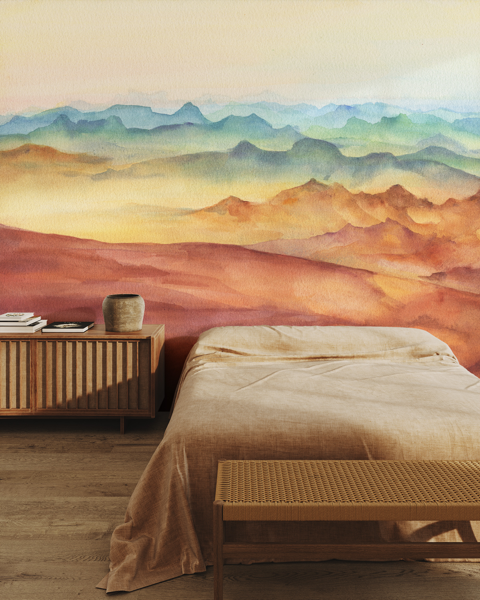 Modern Watercolor Terracotta Mountain Peel and Stick Wallpaper, Abstract Nature Wall Mural