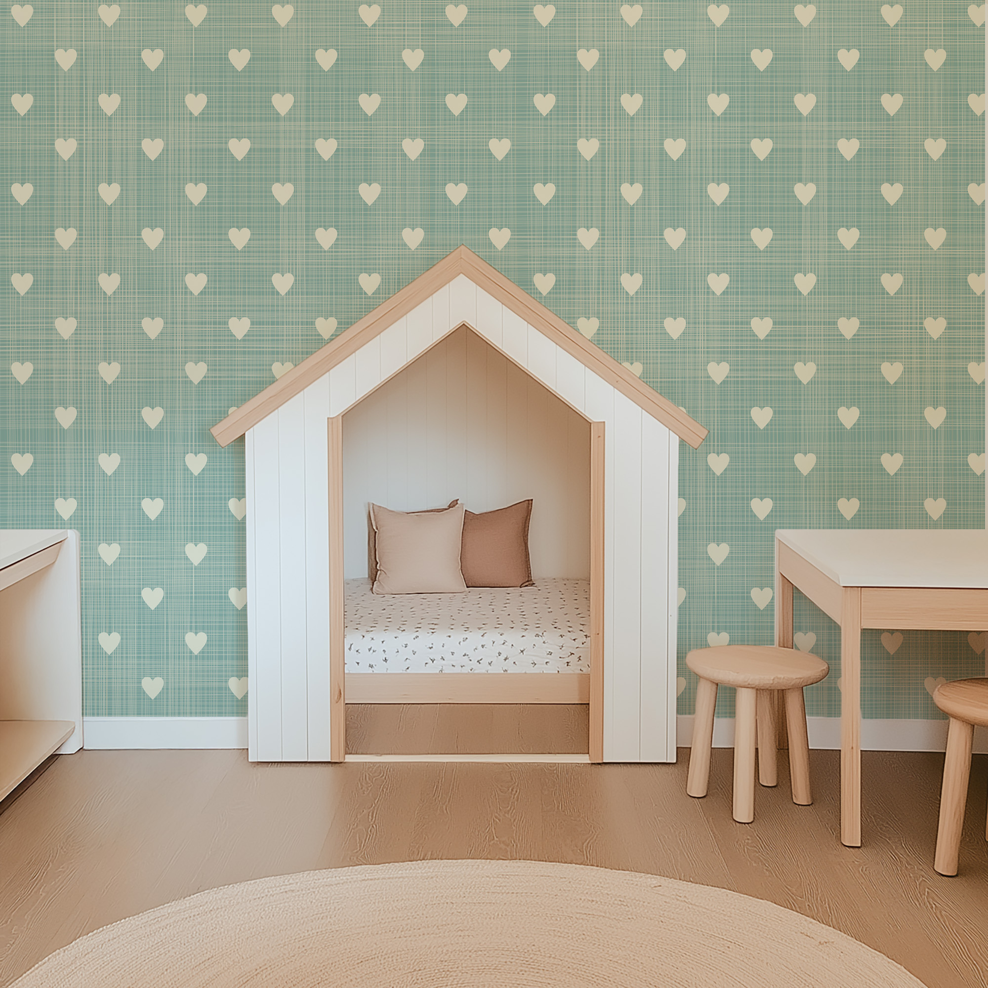 Teal Linen Texture Heart Pattern Peel and Stick Wallpaper, Minimalist Sage Green Nursery Wall Mural, Removable Kids Room Decor