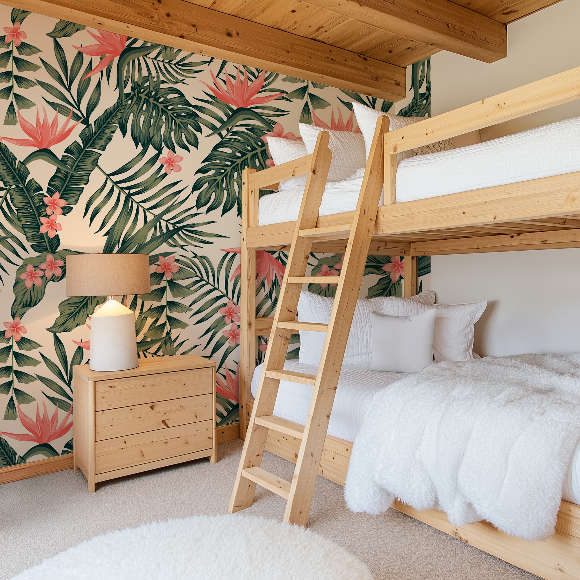 Modern Pink and Green Bird of Paradise Tropical Peel and Stick Wallpaper, Bold Botanical Monstera Wall Mural