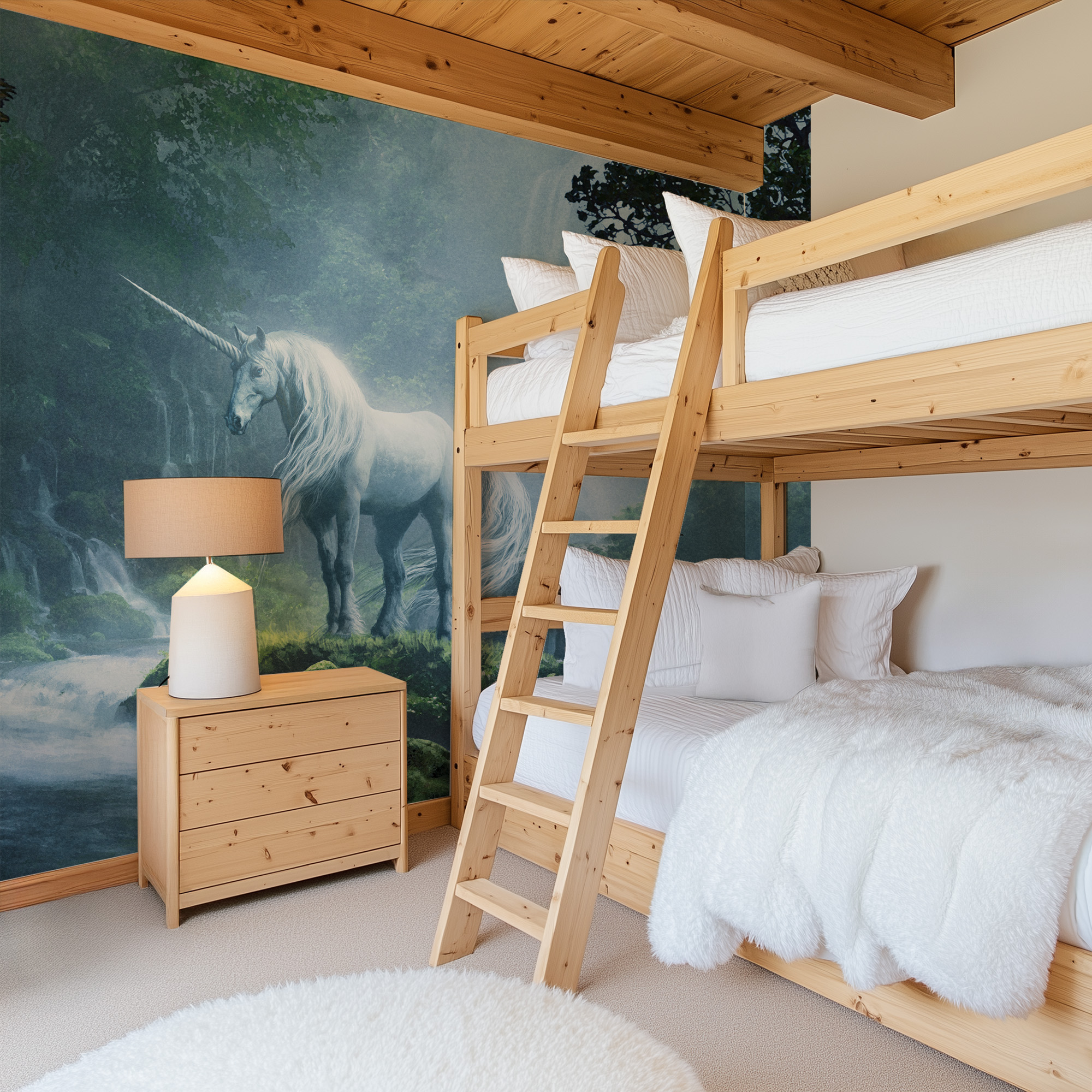 Modern Enchanted Unicorn and Waterfall Peel and Stick Wallpaper, Mystical Forest Nature Wall Mural