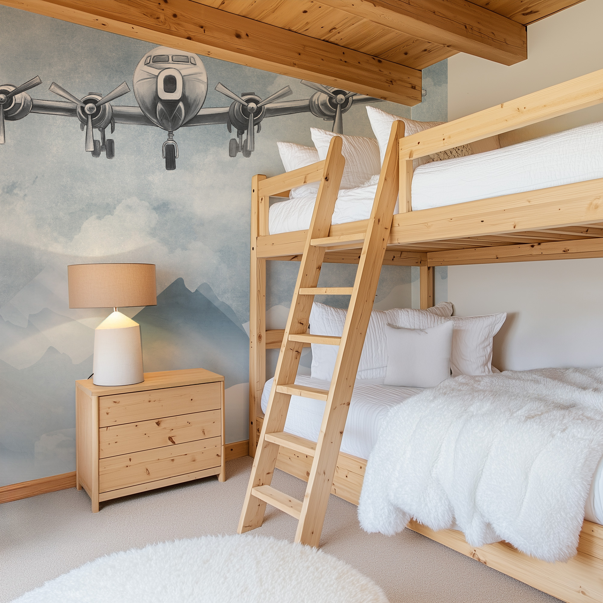 Modern Vintage Airplane and Clouds Peel and Stick Wallpaper, Aviation Themed Kids Room Wall Mural