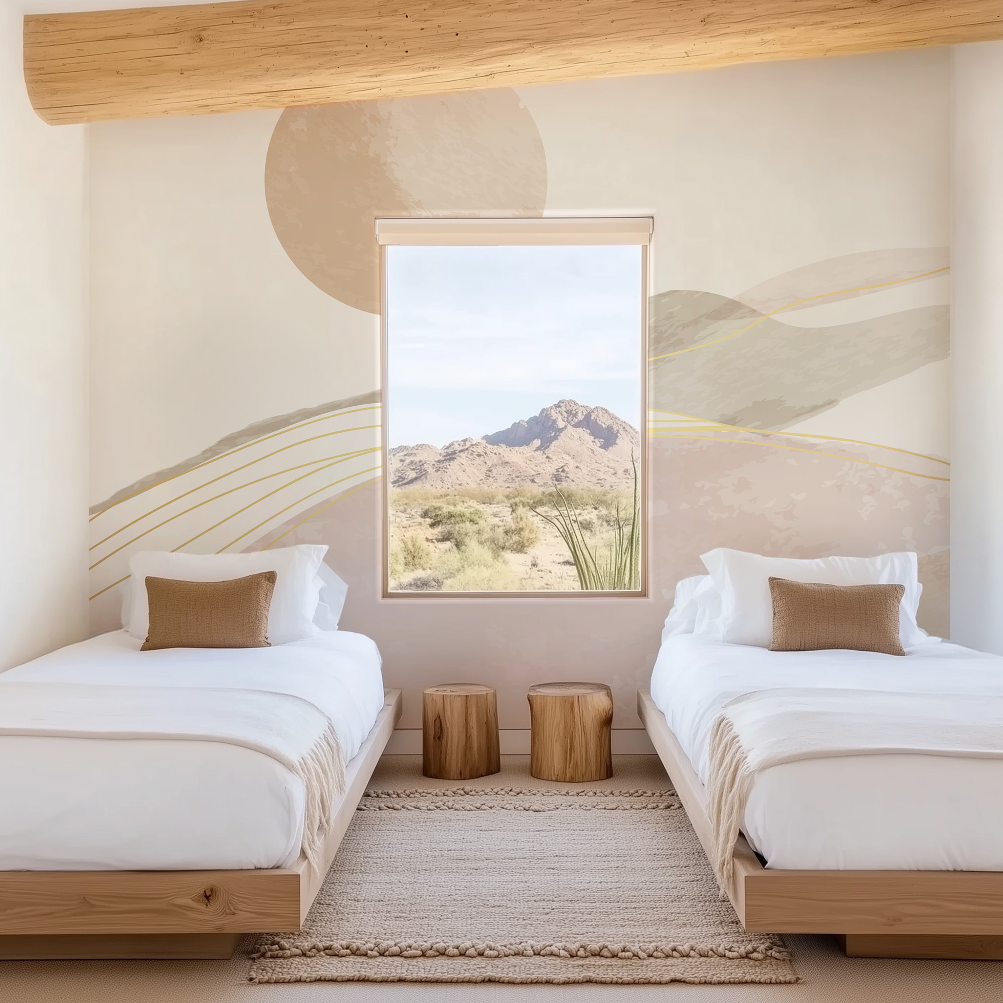 Modern Minimalist Abstract Mountain Landscape Peel and Stick Wallpaper, Soft Blush and Gold Sun Wall Mural