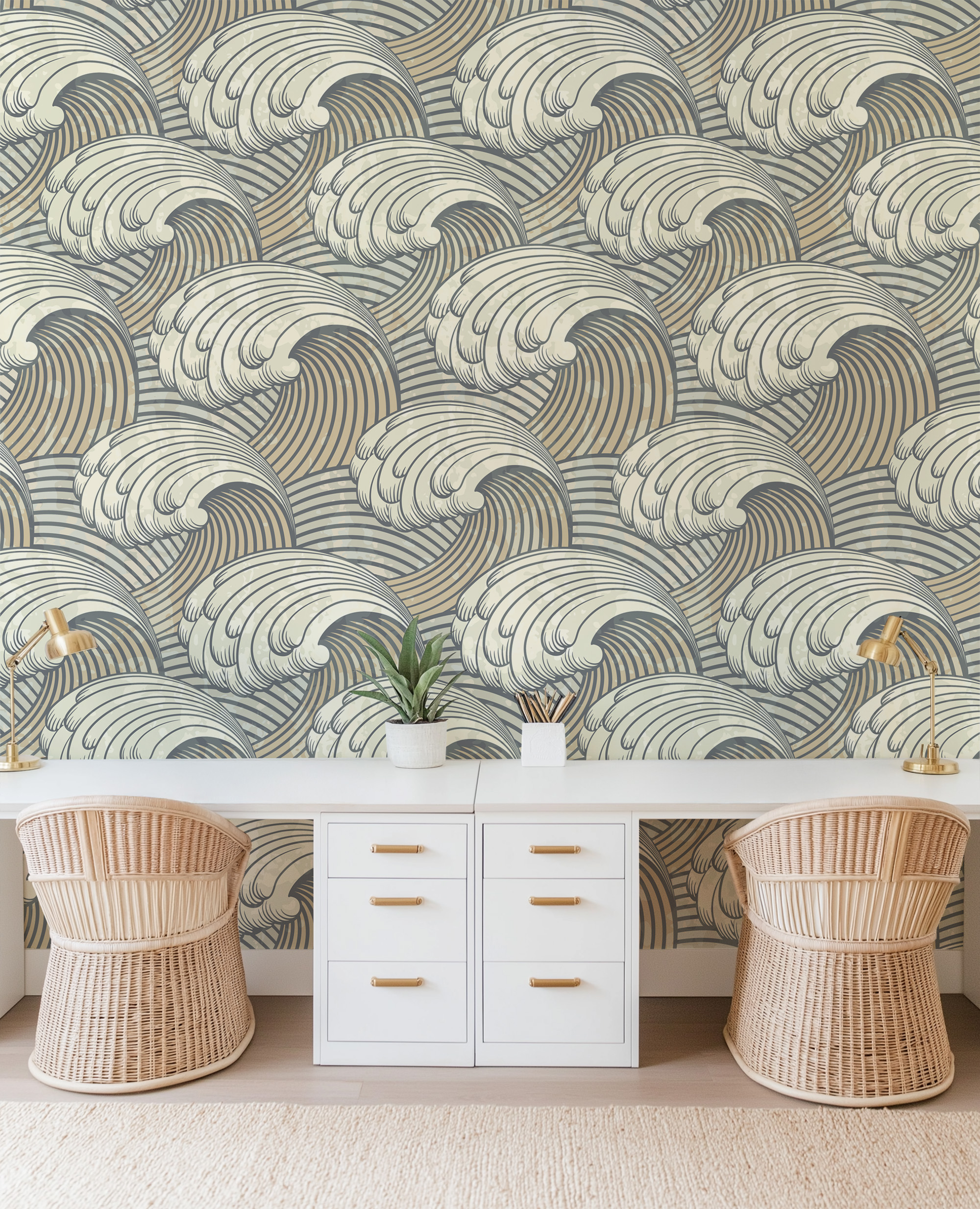 Muted Japanese Great Wave Peel and Stick Wallpaper, Zen Nautical Ocean Wall Mural, Traditional Ukiyo-e Style Dining Decor