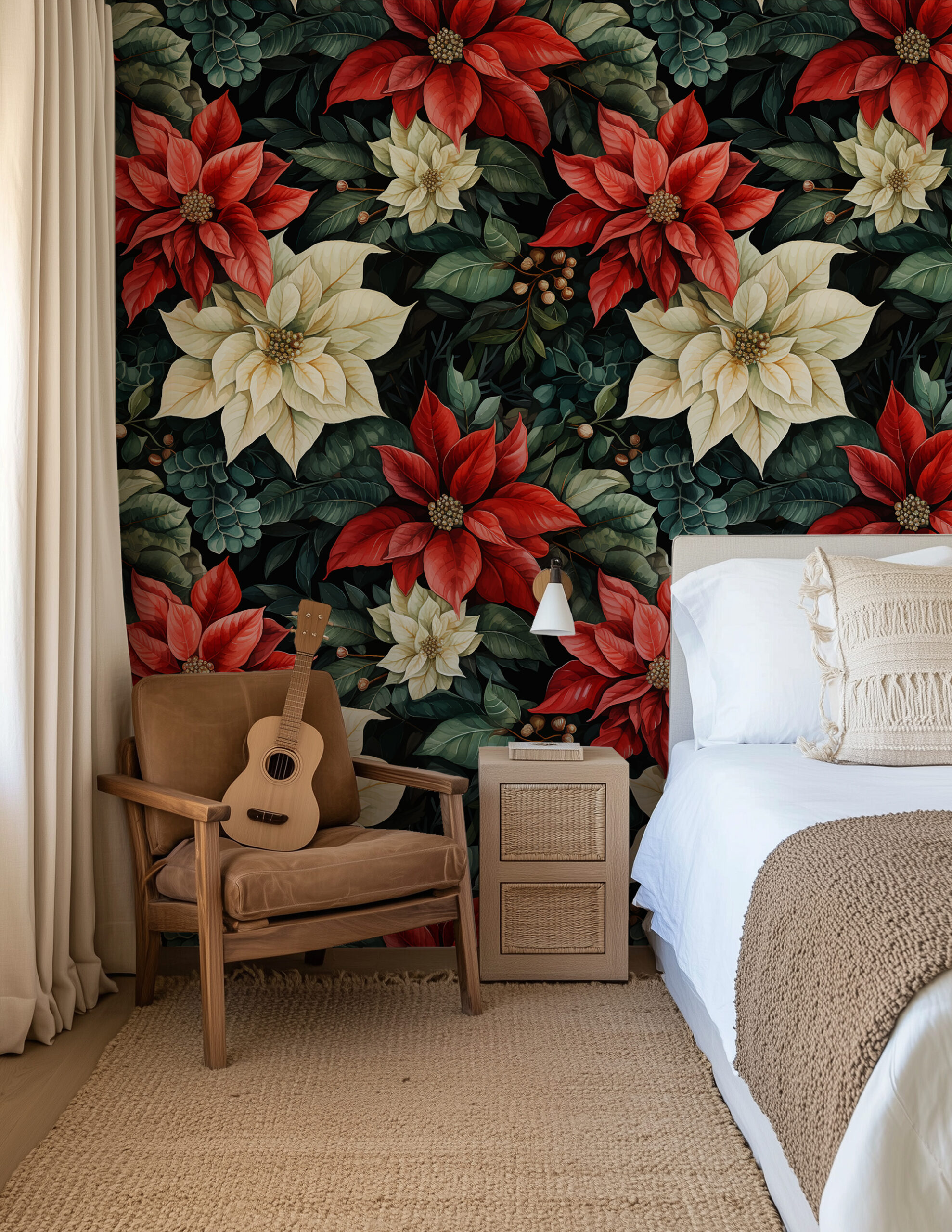 Moody Red and White Poinsettia Peel and Stick Wallpaper, Dark Winter Botanical Wall Mural, Bold Floral Entryway Decor