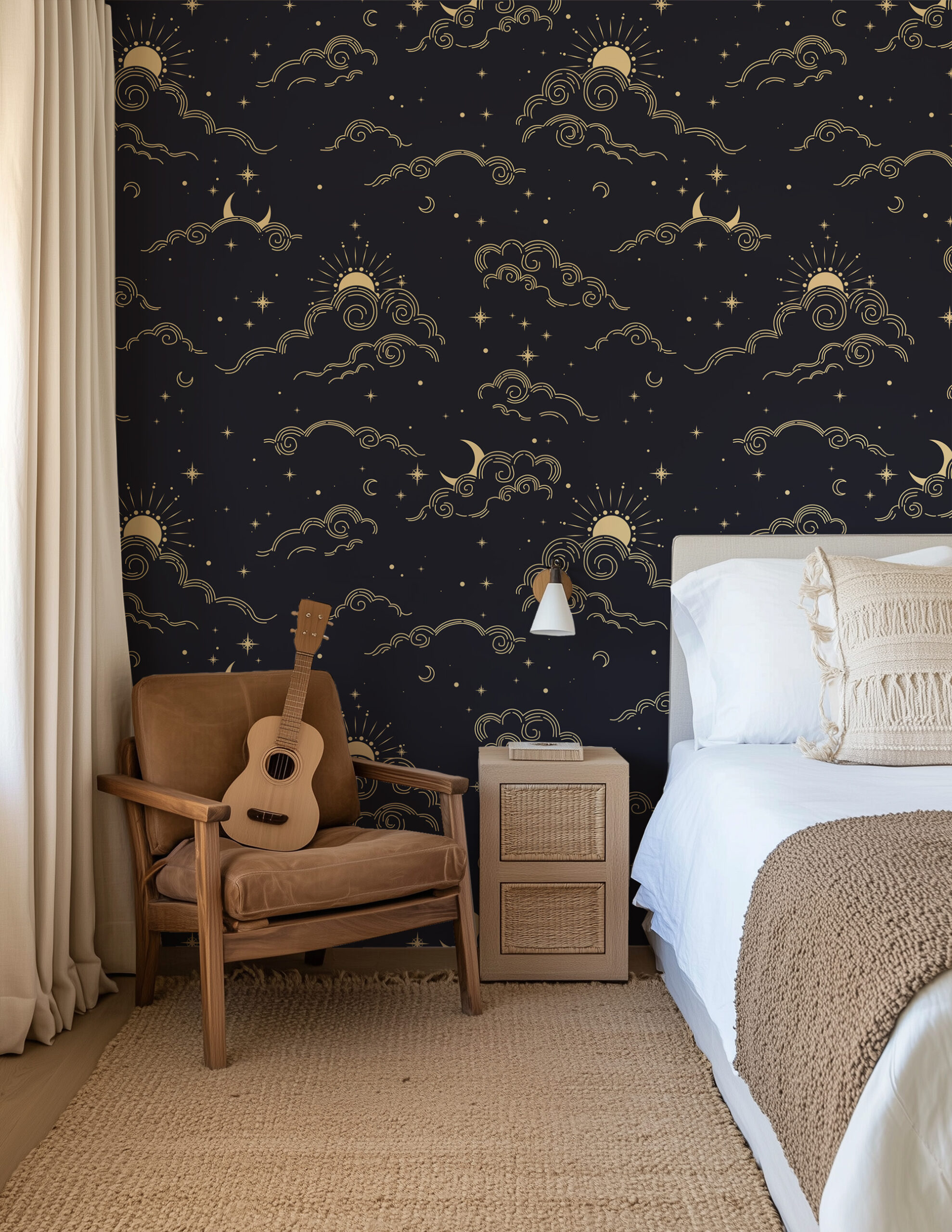 Modern Celestial Gold Cloud and Moon Peel and Stick Wallpaper, Navy Blue Night Sky Wall Mural