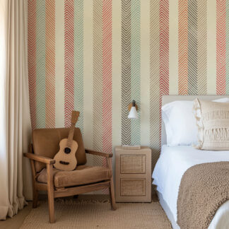 Vertical Earthy Herringbone Stripe Peel and Stick Wallpaper, Boho Chevron Texture Wall Mural, Muted Teal and Rust Kitchen Decor