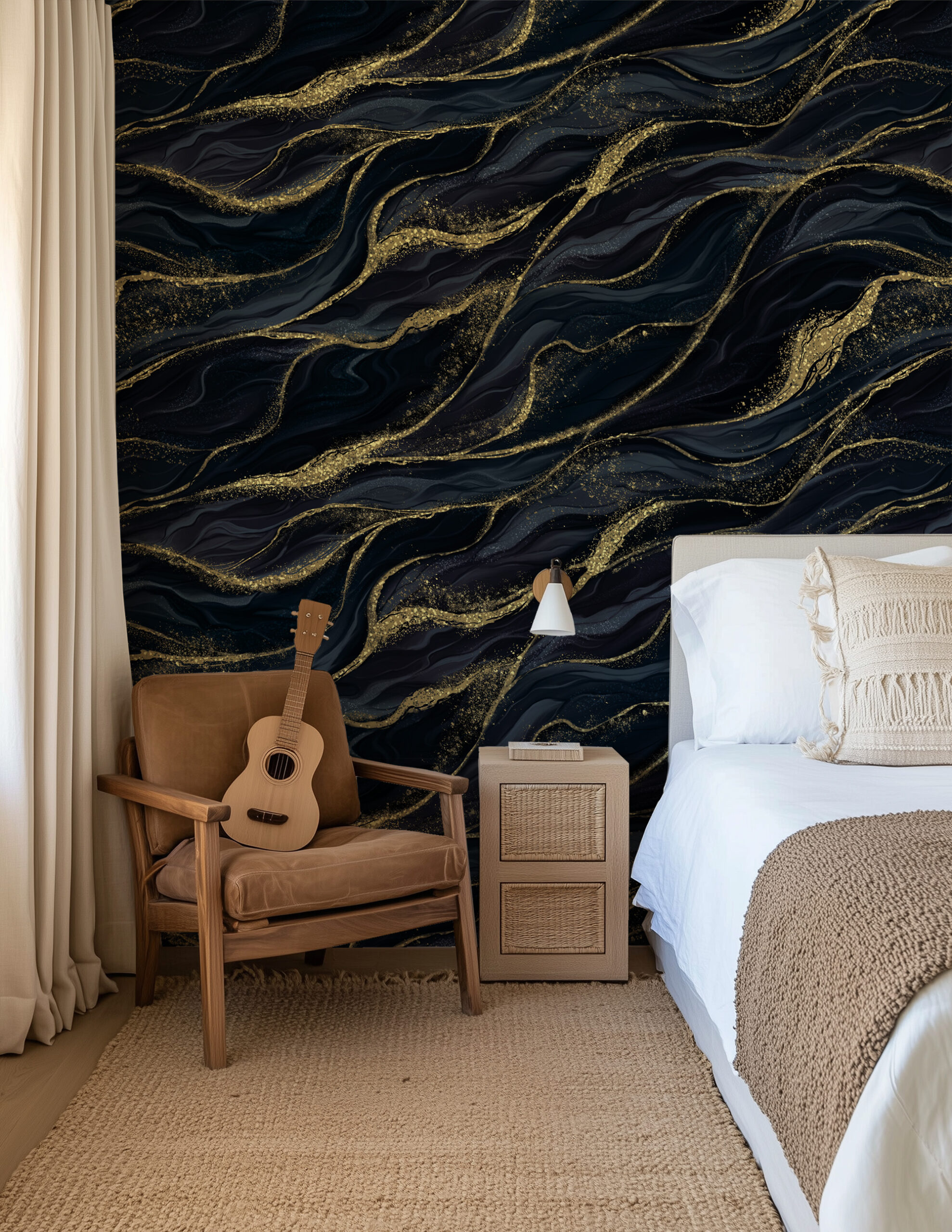 Luxury Black and Gold Marble Ink Peel and Stick Wallpaper, Navy Blue Gilded Fluid Wall Mural, Sophisticated Glam Decor