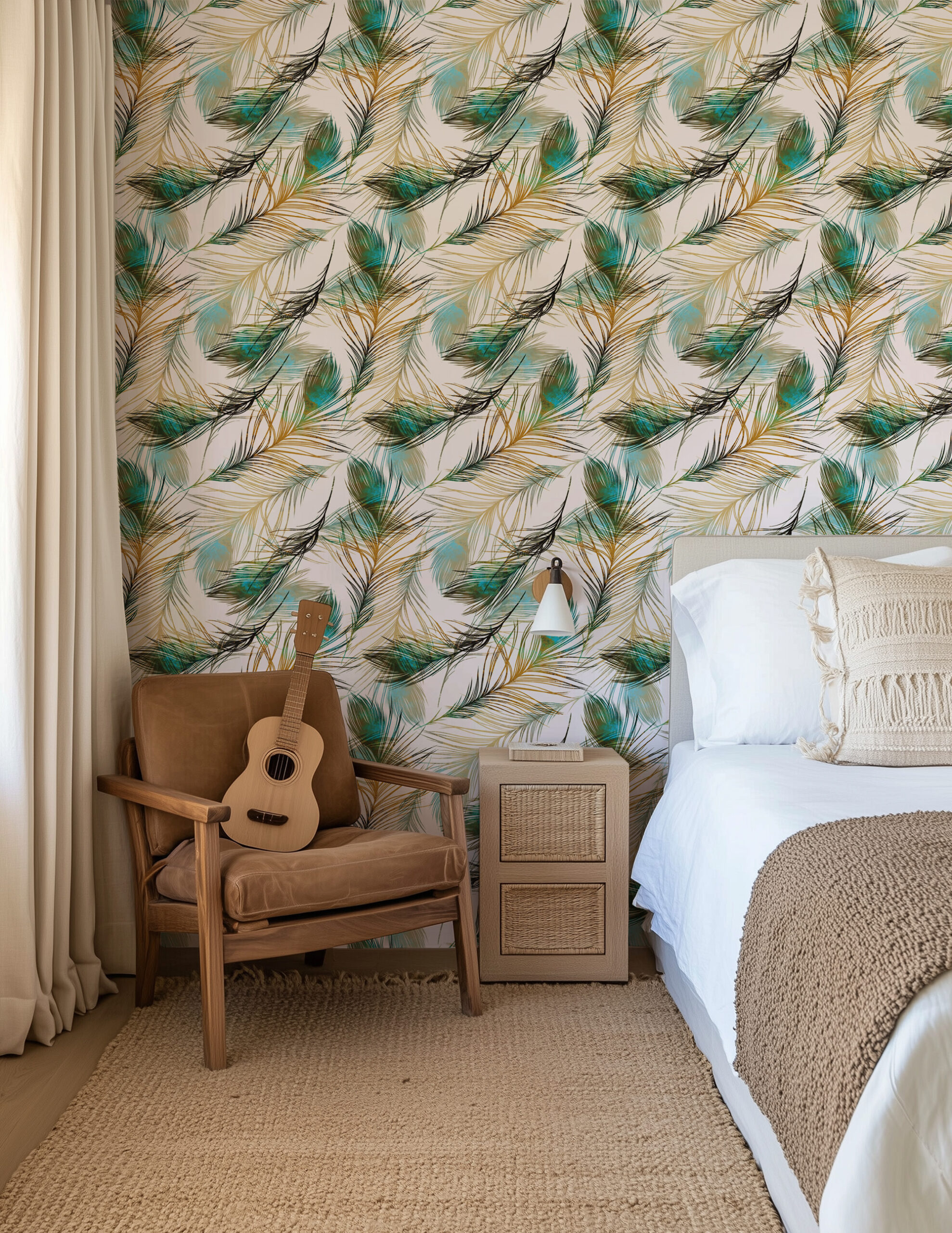 Modern Peacock Feather Peel and Stick Wallpaper, Elegant Teal and Gold Botanical Wall Mural
