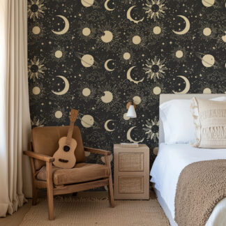 Modern Celestial Sun and Moon Peel and Stick Wallpaper, Vintage Gold Space Wall Mural
