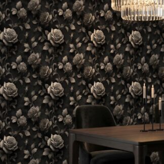 Modern Vintage Moody Black Rose Peel and Stick Wallpaper, Dark Botanical Floral Wall Mural