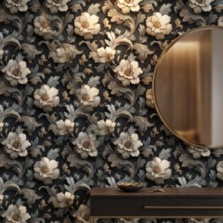 Modern 3D Embossed Floral Peel and Stick Wallpaper, Moody Charcoal and Cream Victorian Wall Mural