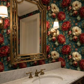 Modern Vintage Dark Teal and Red Floral Peel and Stick Wallpaper, Moody Victorian Rose Wall Mural