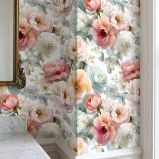 Soft Peony and Rose Floral Wallpaper in Pastel Pink and Blue, Watercolor Peel and Stick Wallpaper for a Romantic Bedroom Accent Wall