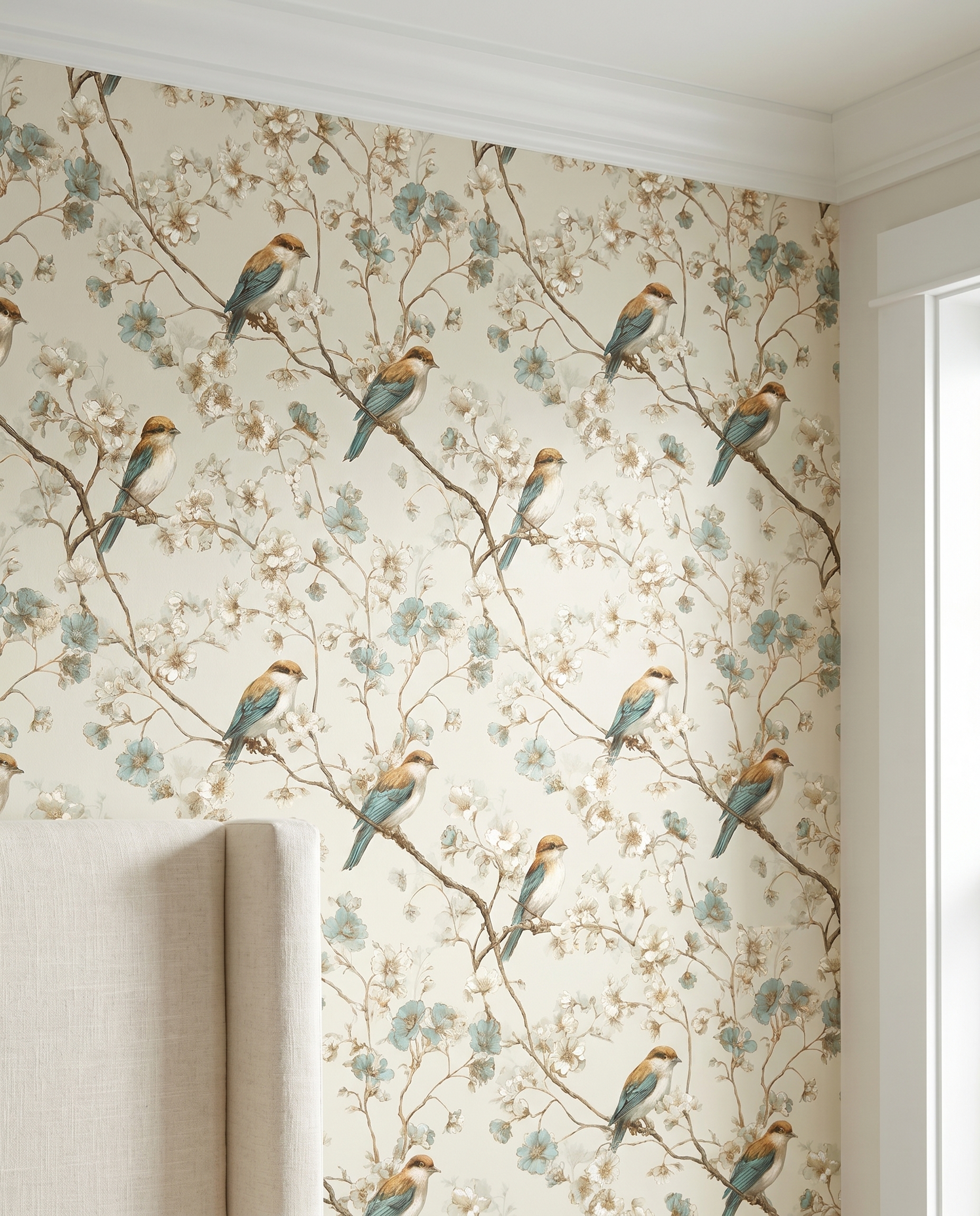 Chinoiserie Bird and Blossom Wallpaper in Teal and Gold, Vintage Floral Wall Mural, Removable Peel and Stick Wallpaper for Bedroom Accent Wall
