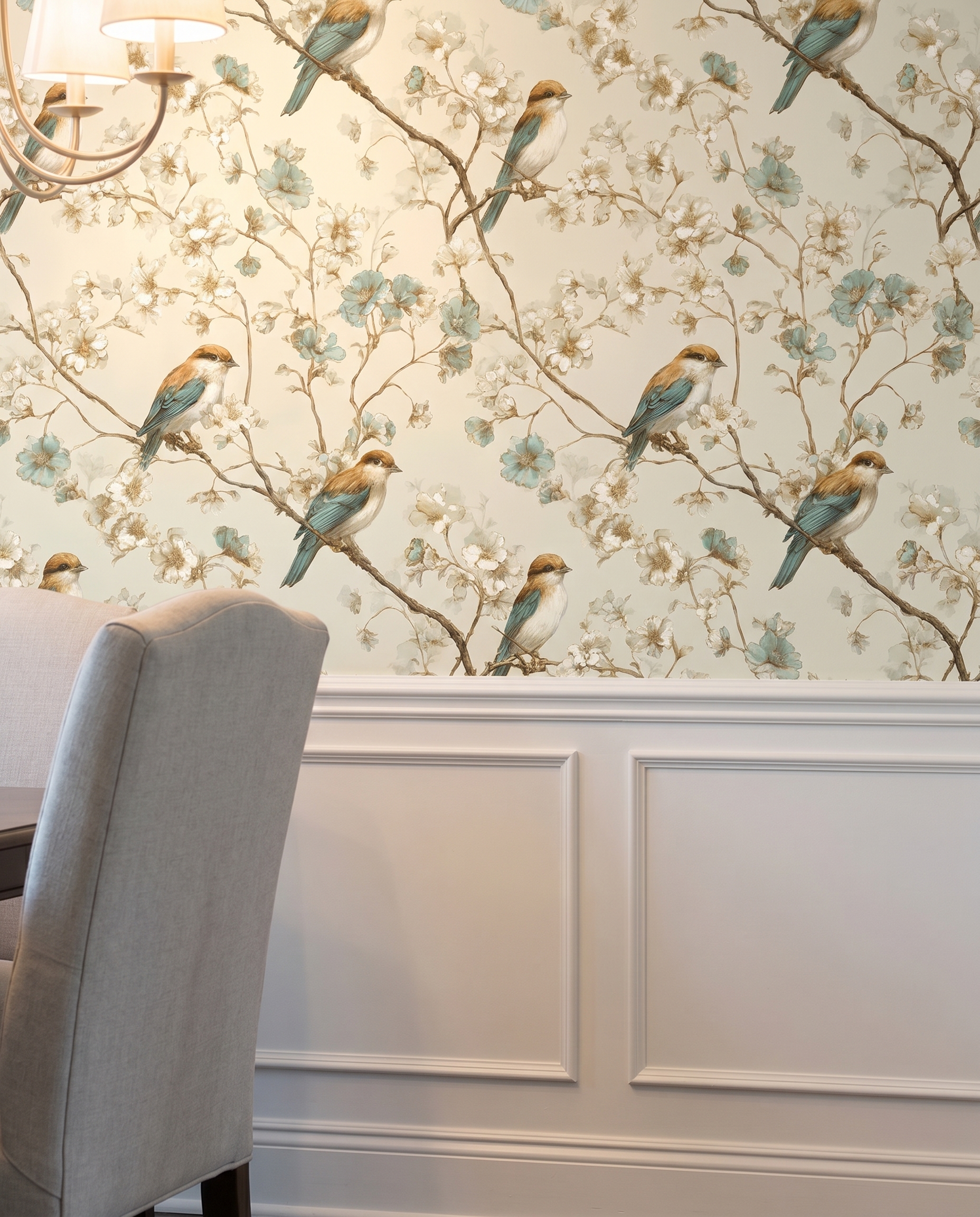 Chinoiserie Bird and Blossom Wallpaper in Teal and Gold, Vintage Floral Wall Mural, Removable Peel and Stick Wallpaper for Bedroom Accent Wall