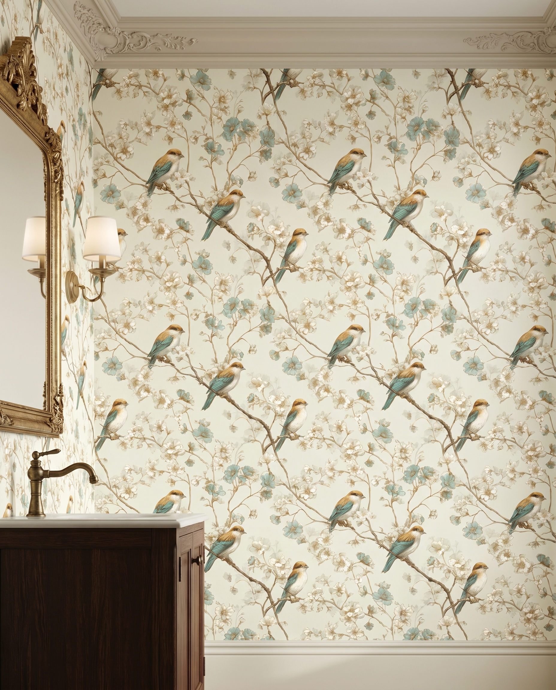 Chinoiserie Bird and Blossom Wallpaper in Teal and Gold, Vintage Floral Wall Mural, Removable Peel and Stick Wallpaper for Bedroom Accent Wall