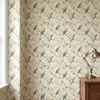 Chinoiserie Bird and Blossom Wallpaper in Teal and Gold, Vintage Floral Wall Mural, Removable Peel and Stick Wallpaper for Bedroom Accent Wall