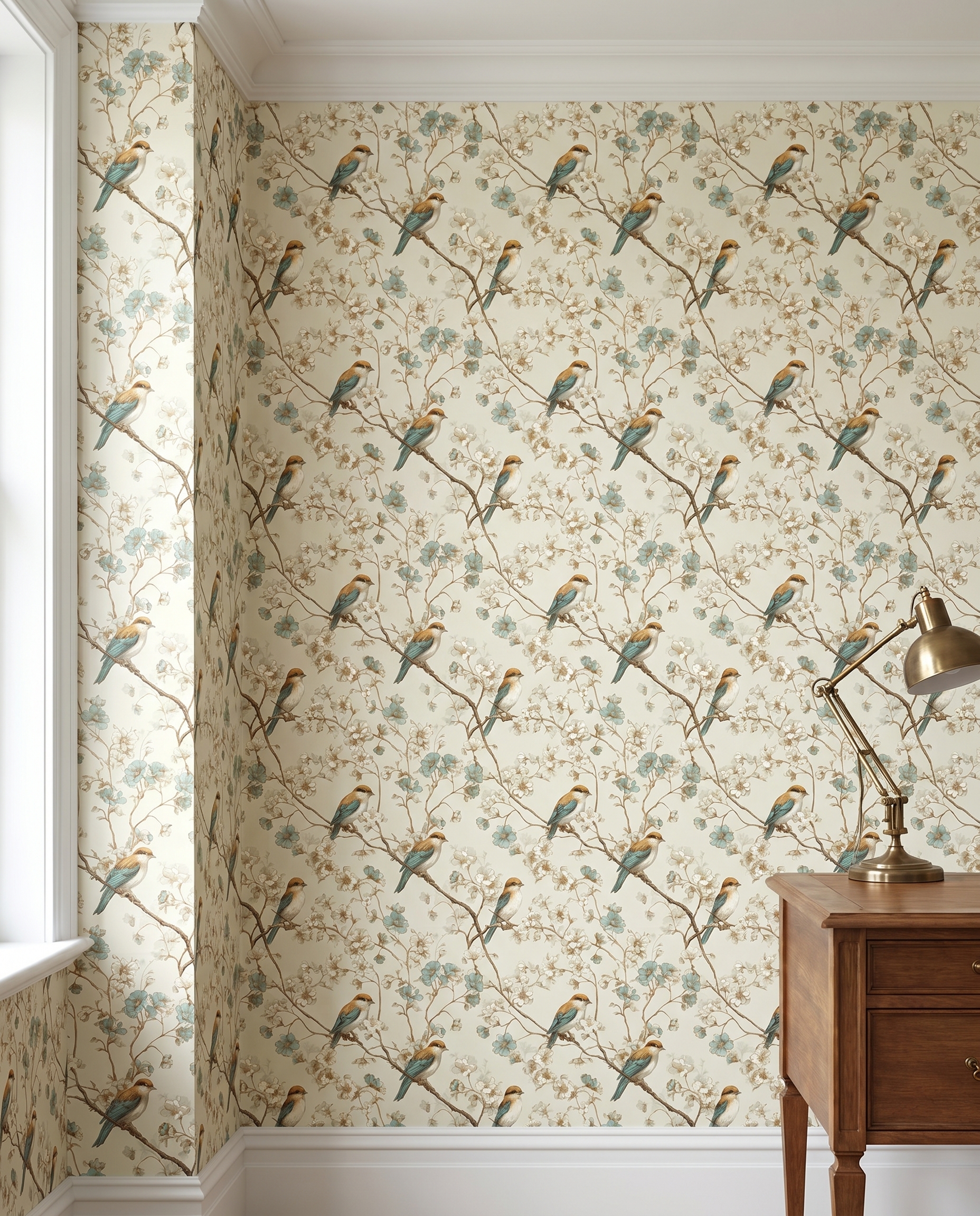 Chinoiserie Bird and Blossom Wallpaper in Teal and Gold, Vintage Floral Wall Mural, Removable Peel and Stick Wallpaper for Bedroom Accent Wall