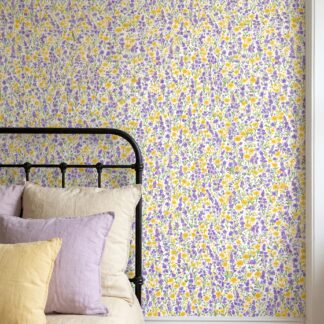 Purple Lavender and Yellow Wildflower Wallpaper, Watercolor Floral Peel and Stick, Removable Mural for Bedroom or Nursery Accent Wall