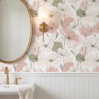 Blush Pink Poppy Line Art Wallpaper, Minimalist Floral Sketch Wall Mural, Removable Peel and Stick Wallpaper for Bedroom Accent Wall