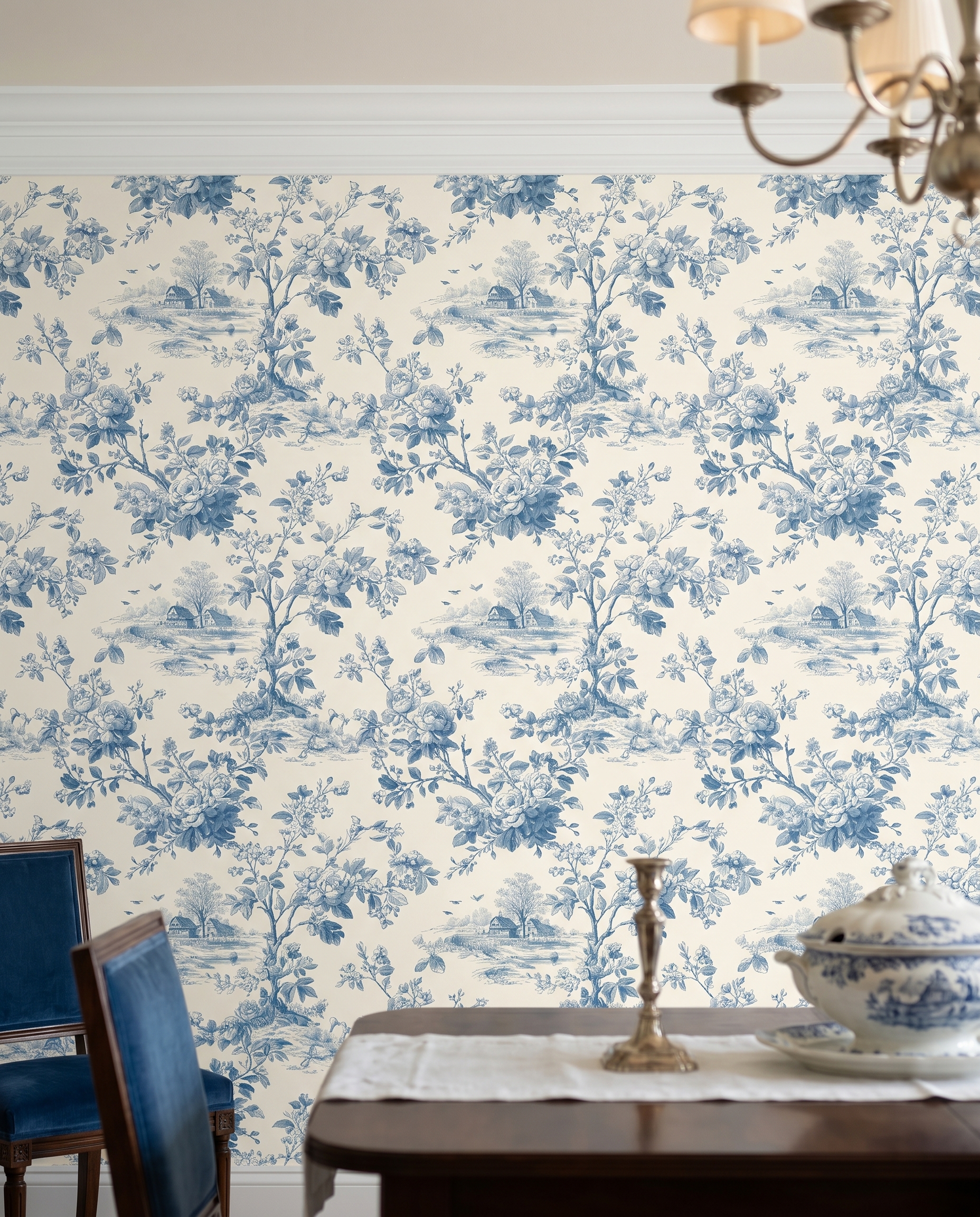Blue Toile de Jouy Wallpaper with Pastoral Floral Scene, Vintage Peel and Stick Wallpaper for a Classic Bedroom or Powder Room Accent Wall