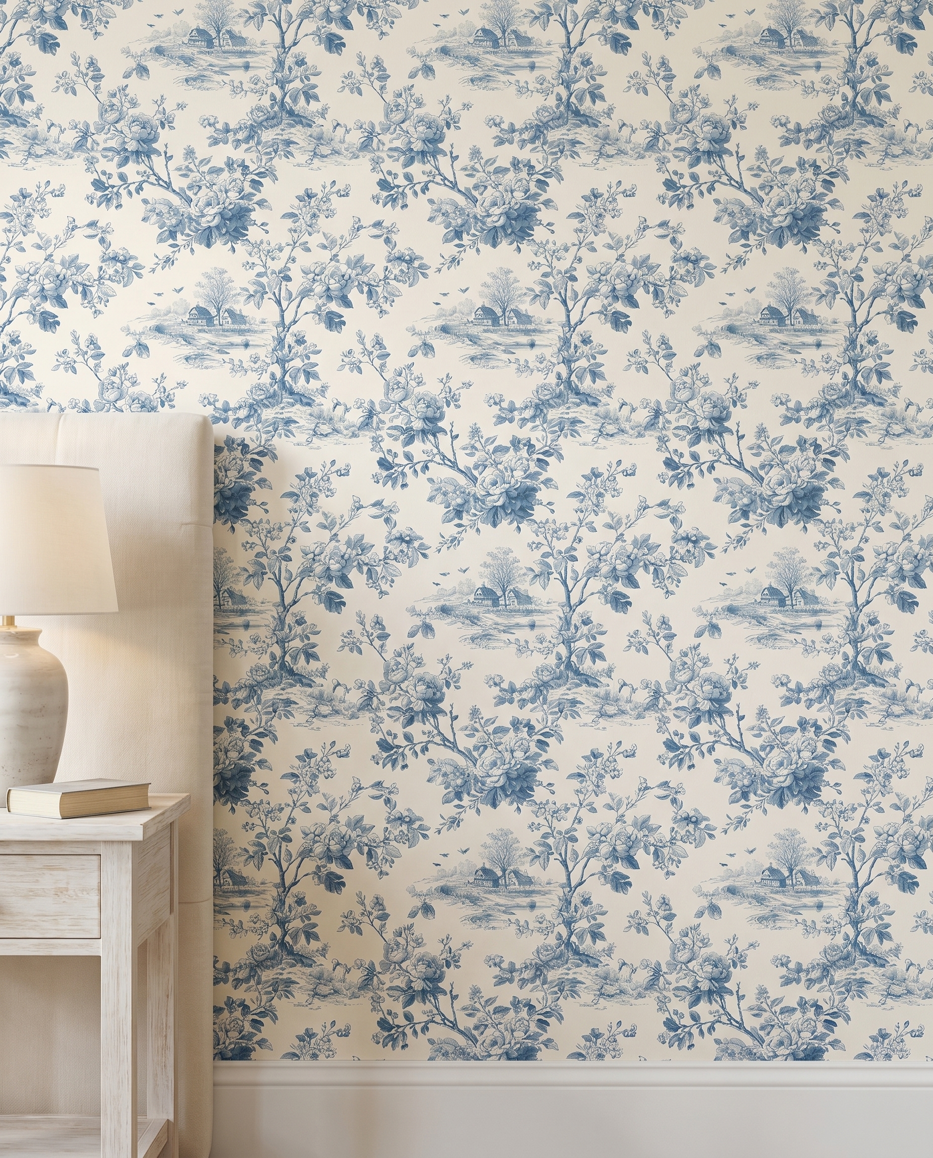 Blue Toile de Jouy Wallpaper with Pastoral Floral Scene, Vintage Peel and Stick Wallpaper for a Classic Bedroom or Powder Room Accent Wall