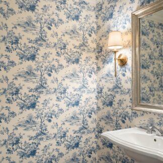 Blue Toile de Jouy Wallpaper with Pastoral Floral Scene, Vintage Peel and Stick Wallpaper for a Classic Bedroom or Powder Room Accent Wall