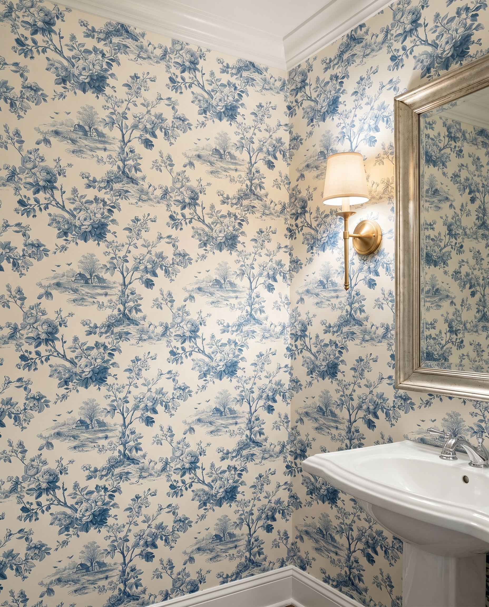 Blue Toile de Jouy Wallpaper with Pastoral Floral Scene, Vintage Peel and Stick Wallpaper for a Classic Bedroom or Powder Room Accent Wall