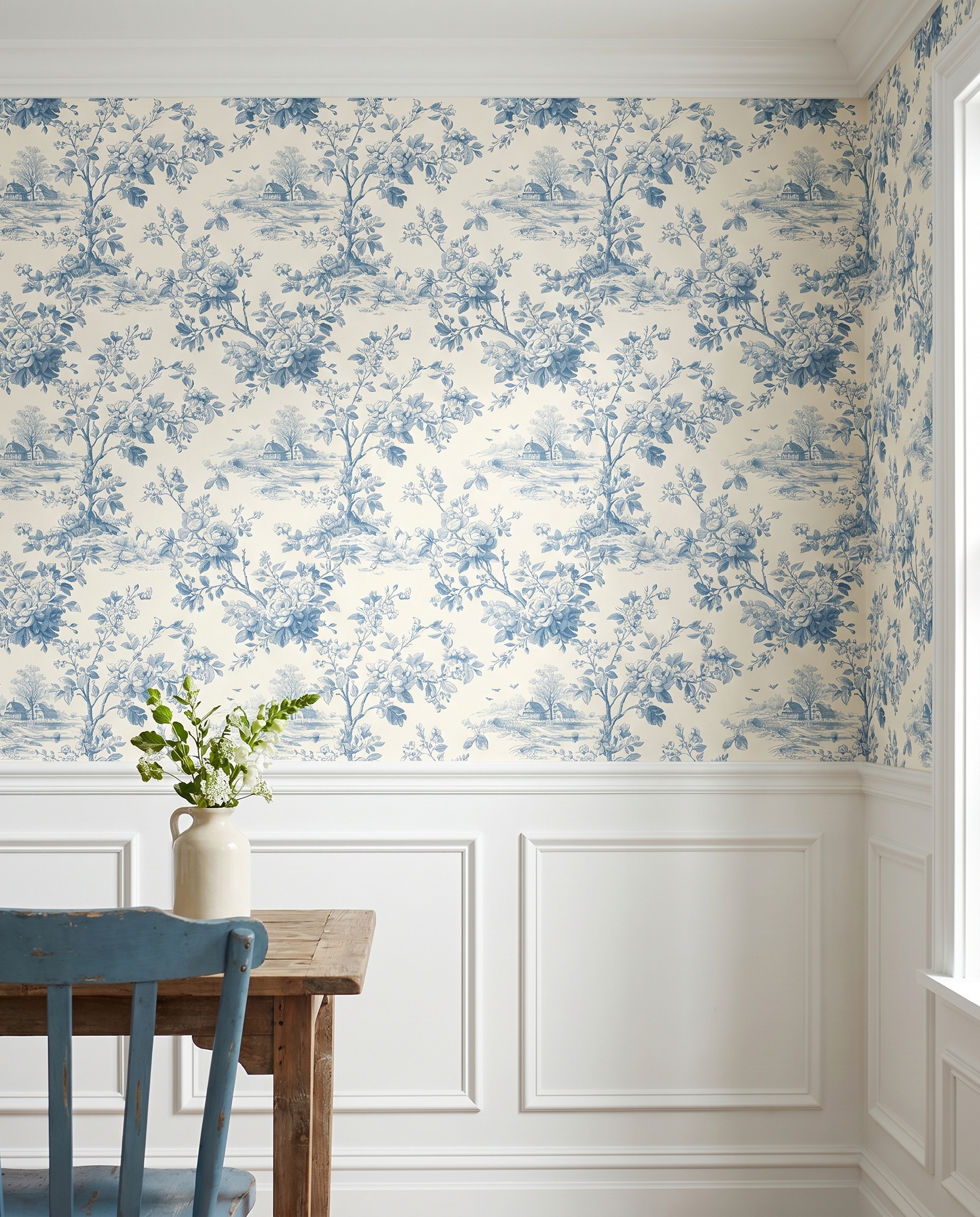 Blue Toile de Jouy Wallpaper with Pastoral Floral Scene, Vintage Peel and Stick Wallpaper for a Classic Bedroom or Powder Room Accent Wall