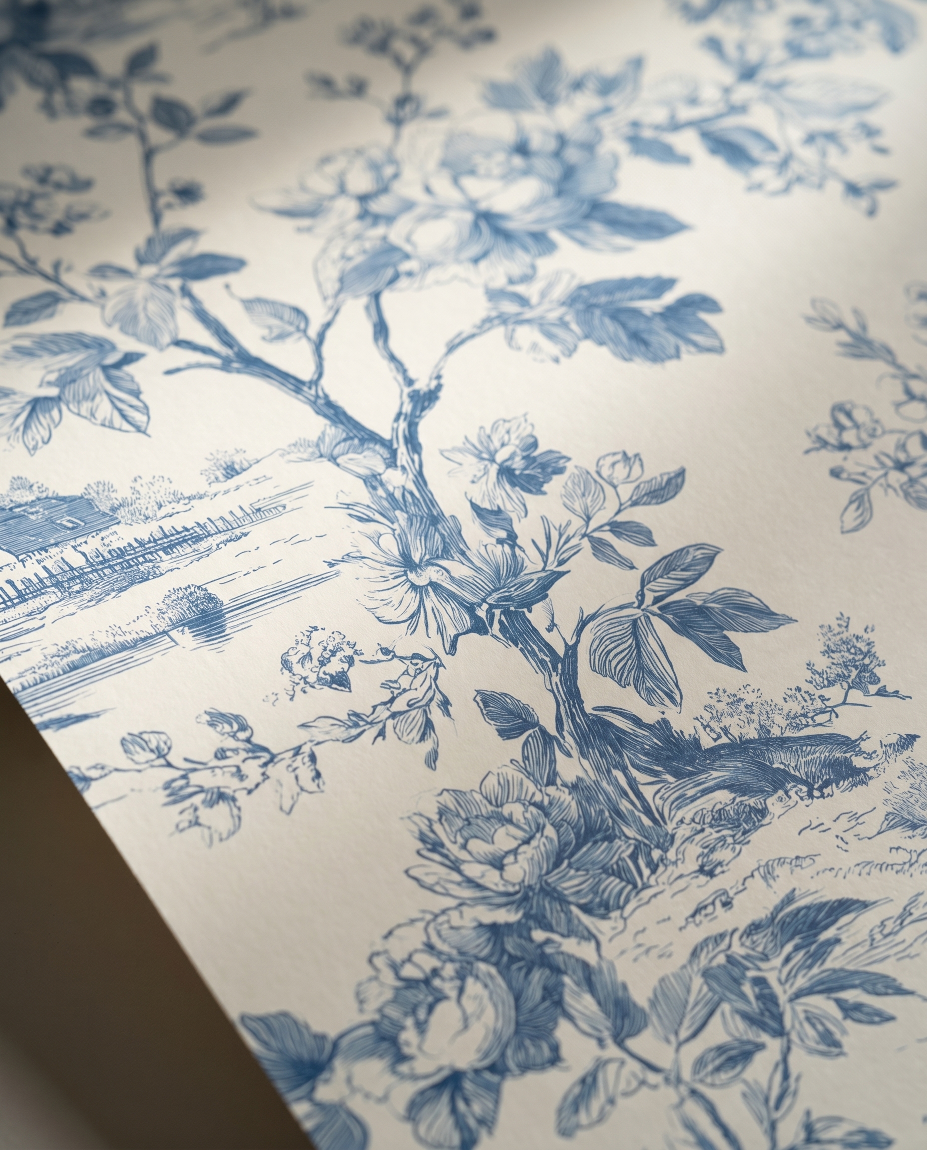 Blue Toile de Jouy Wallpaper with Pastoral Floral Scene, Vintage Peel and Stick Wallpaper for a Classic Bedroom or Powder Room Accent Wall