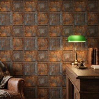 Industrial Rusted Tile Wallpaper, Vintage Embossed Metal Panels in Orange and Grey, Removable Peel and Stick Wallpaper for Accent Wall