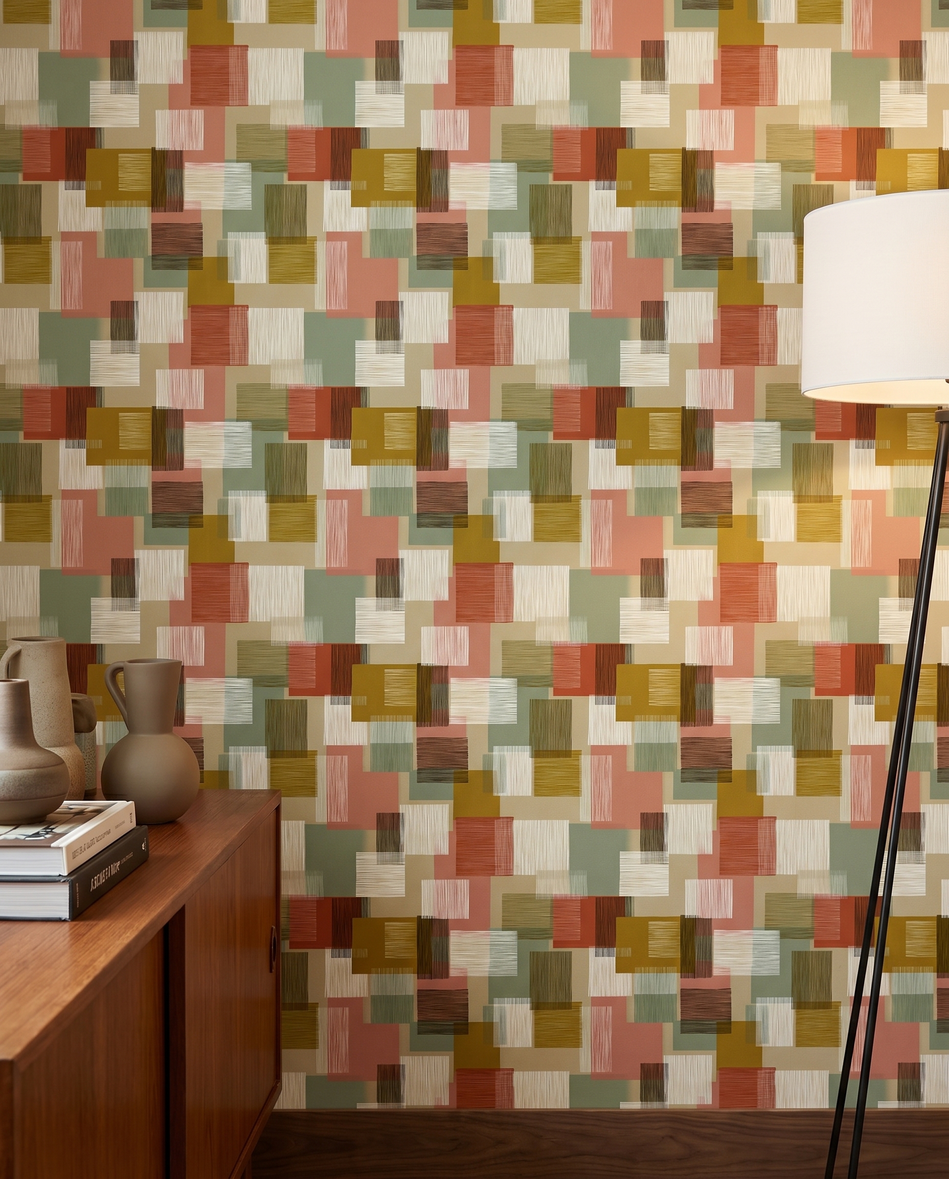 Geometric Colorblock Wallpaper in Earth Tones, Mid-Century Textured Squares, Removable Peel and Stick Wallpaper for Living Room Accent Wall