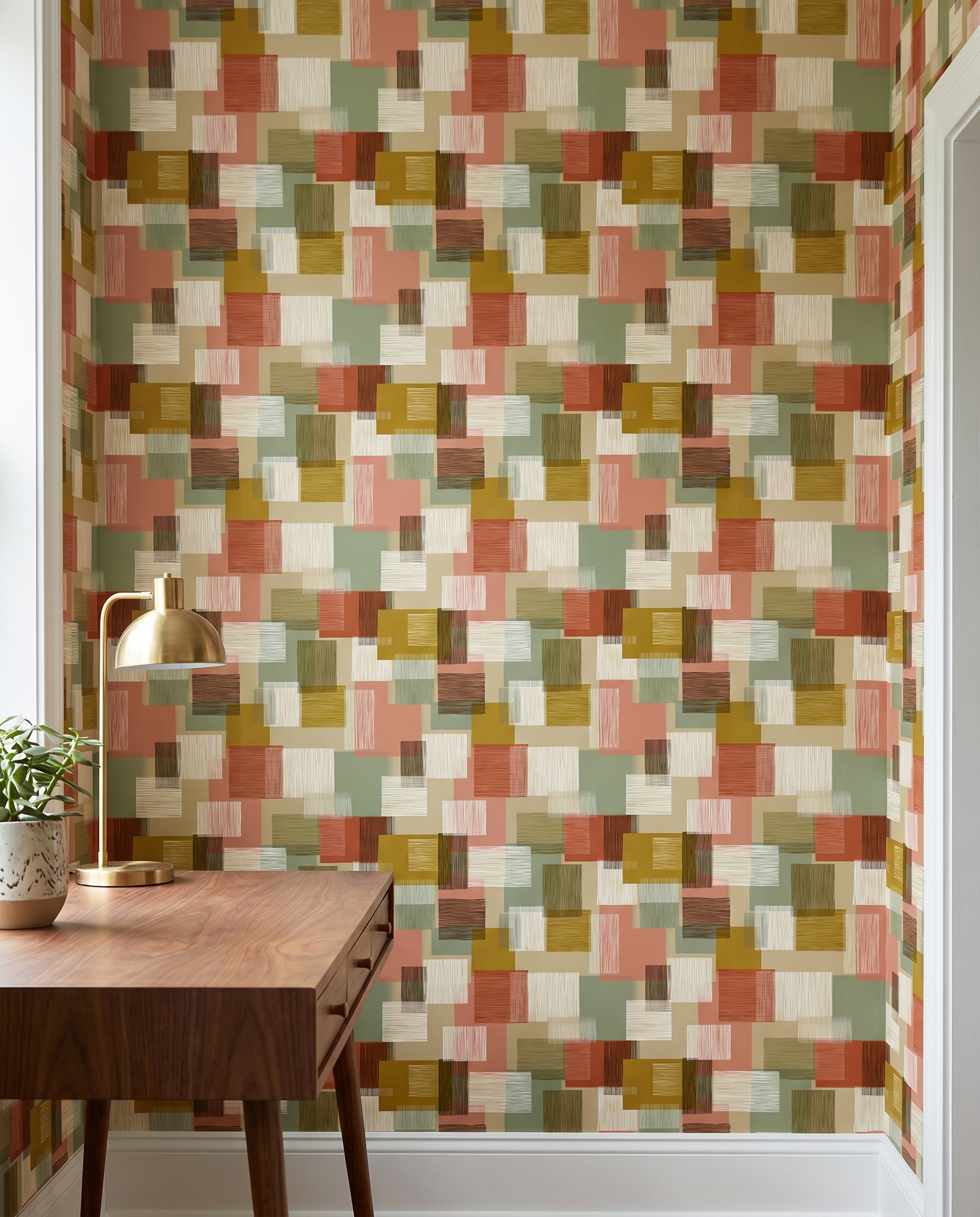 Geometric Colorblock Wallpaper in Earth Tones, Mid-Century Textured Squares, Removable Peel and Stick Wallpaper for Living Room Accent Wall