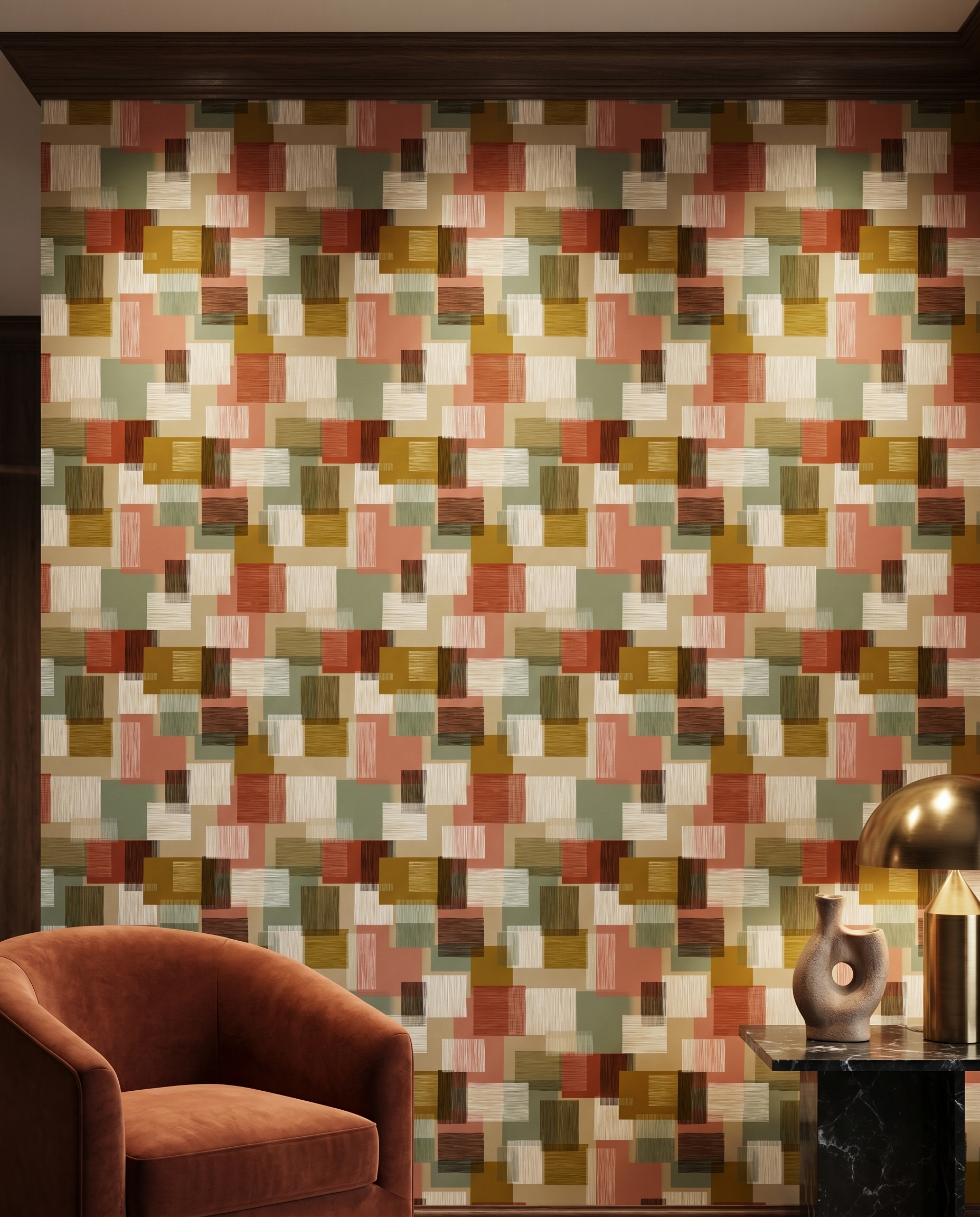 Geometric Colorblock Wallpaper in Earth Tones, Mid-Century Textured Squares, Removable Peel and Stick Wallpaper for Living Room Accent Wall