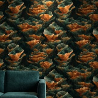 Abstract 3D Rock Formation in Teal and Rust, Contemporary Peel and Stick Wallpaper, Earthy Wall Mural for a Dramatic Accent Wall