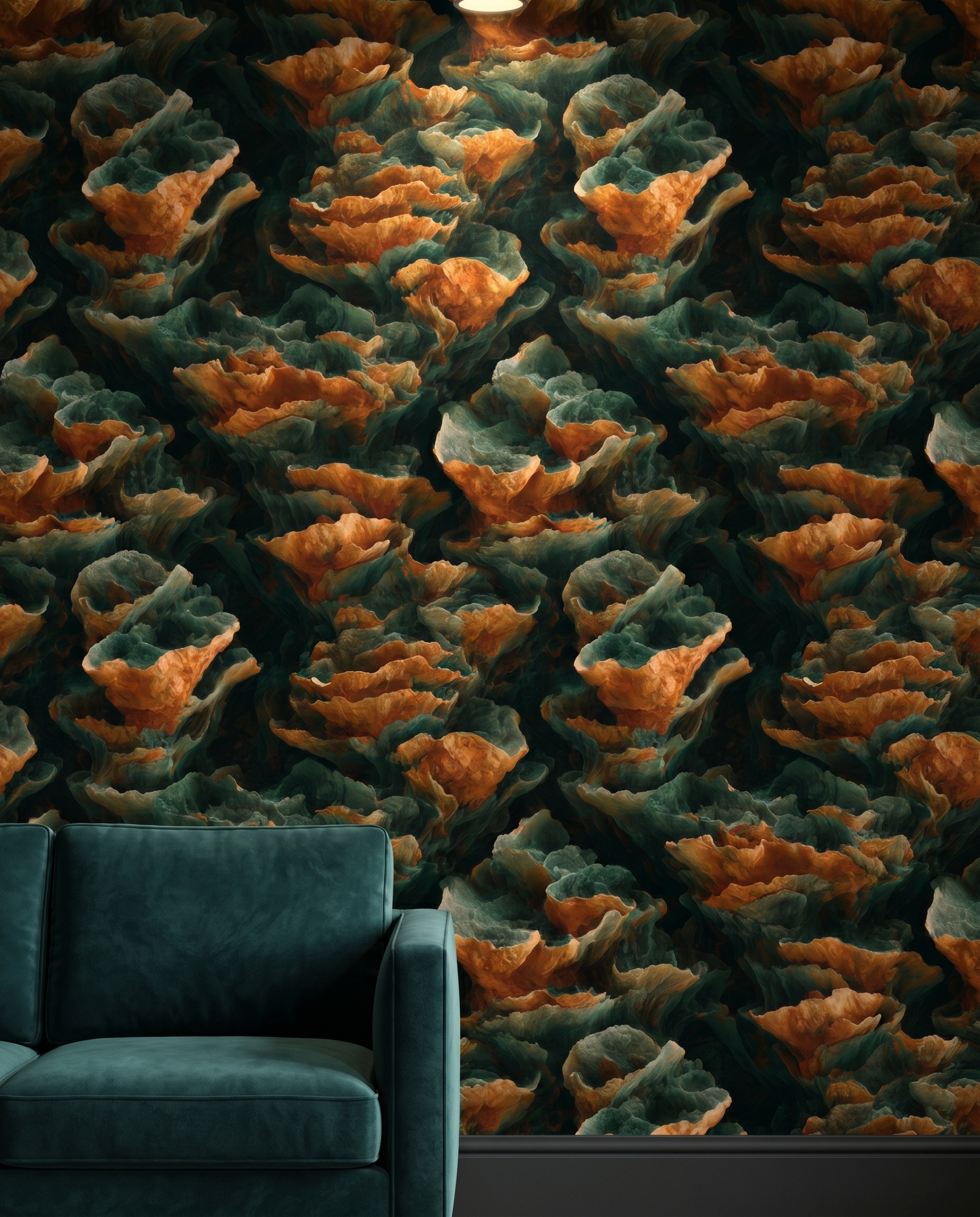 Abstract 3D Rock Formation in Teal and Rust, Contemporary Peel and Stick Wallpaper, Earthy Wall Mural for a Dramatic Accent Wall