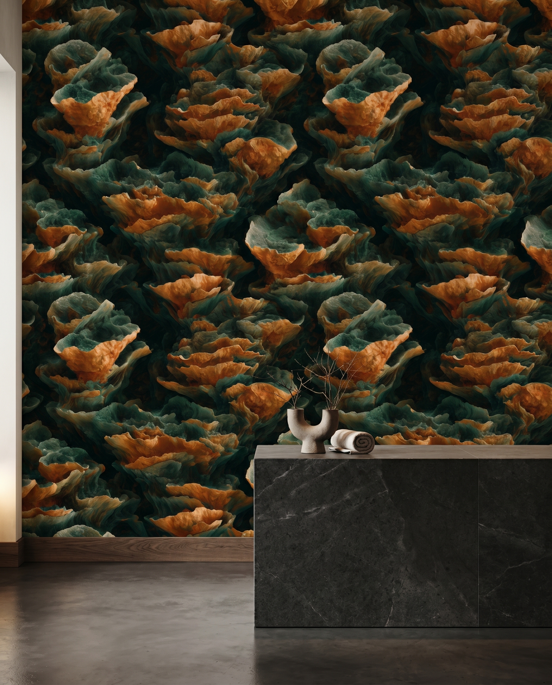 Abstract 3D Rock Formation in Teal and Rust, Contemporary Peel and Stick Wallpaper, Earthy Wall Mural for a Dramatic Accent Wall