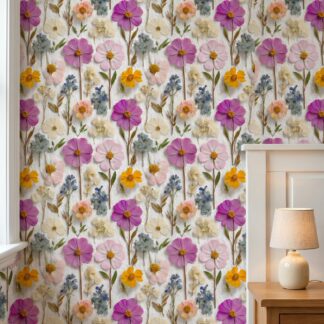 Pressed Wildflowers Vintage Botanical Wallpaper, Colorful Peel and Stick Wallpaper for a Delicate Nursery or Bedroom Accent Wall