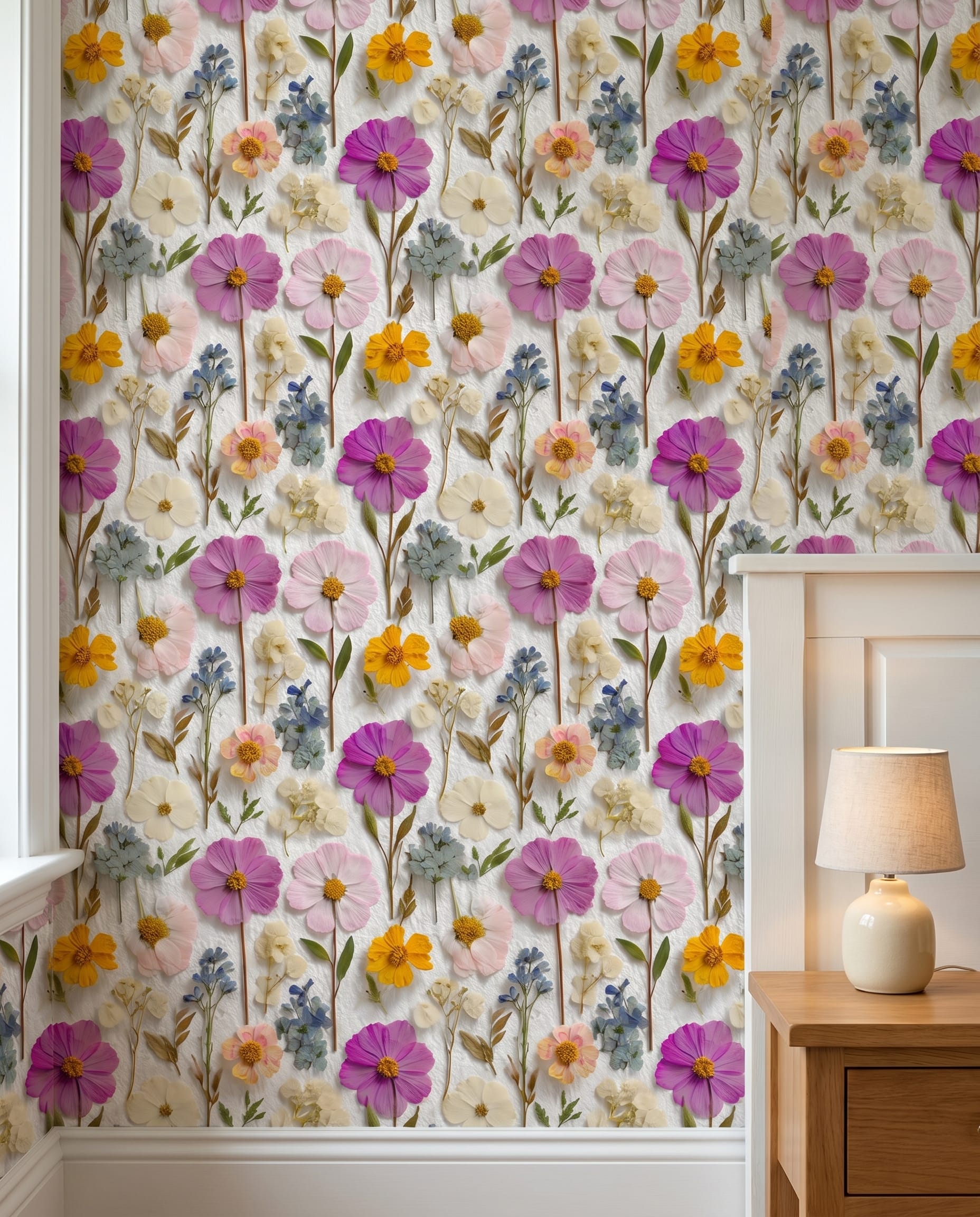 Pressed Wildflowers Vintage Botanical Wallpaper, Colorful Peel and Stick Wallpaper for a Delicate Nursery or Bedroom Accent Wall