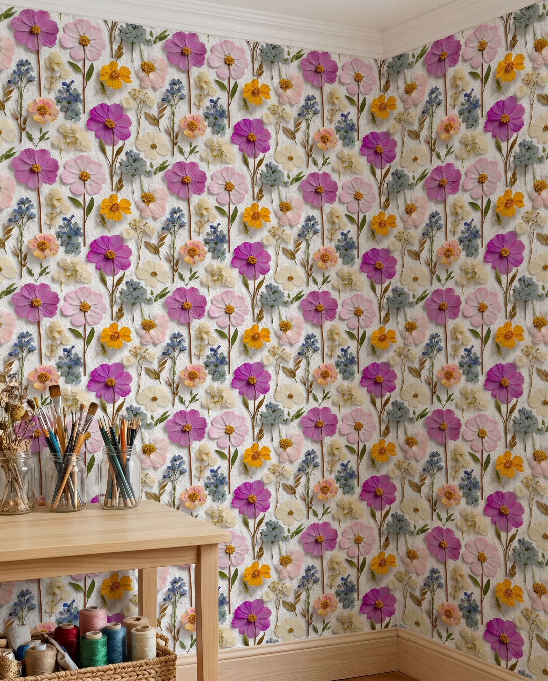 Pressed Wildflowers Vintage Botanical Wallpaper, Colorful Peel and Stick Wallpaper for a Delicate Nursery or Bedroom Accent Wall