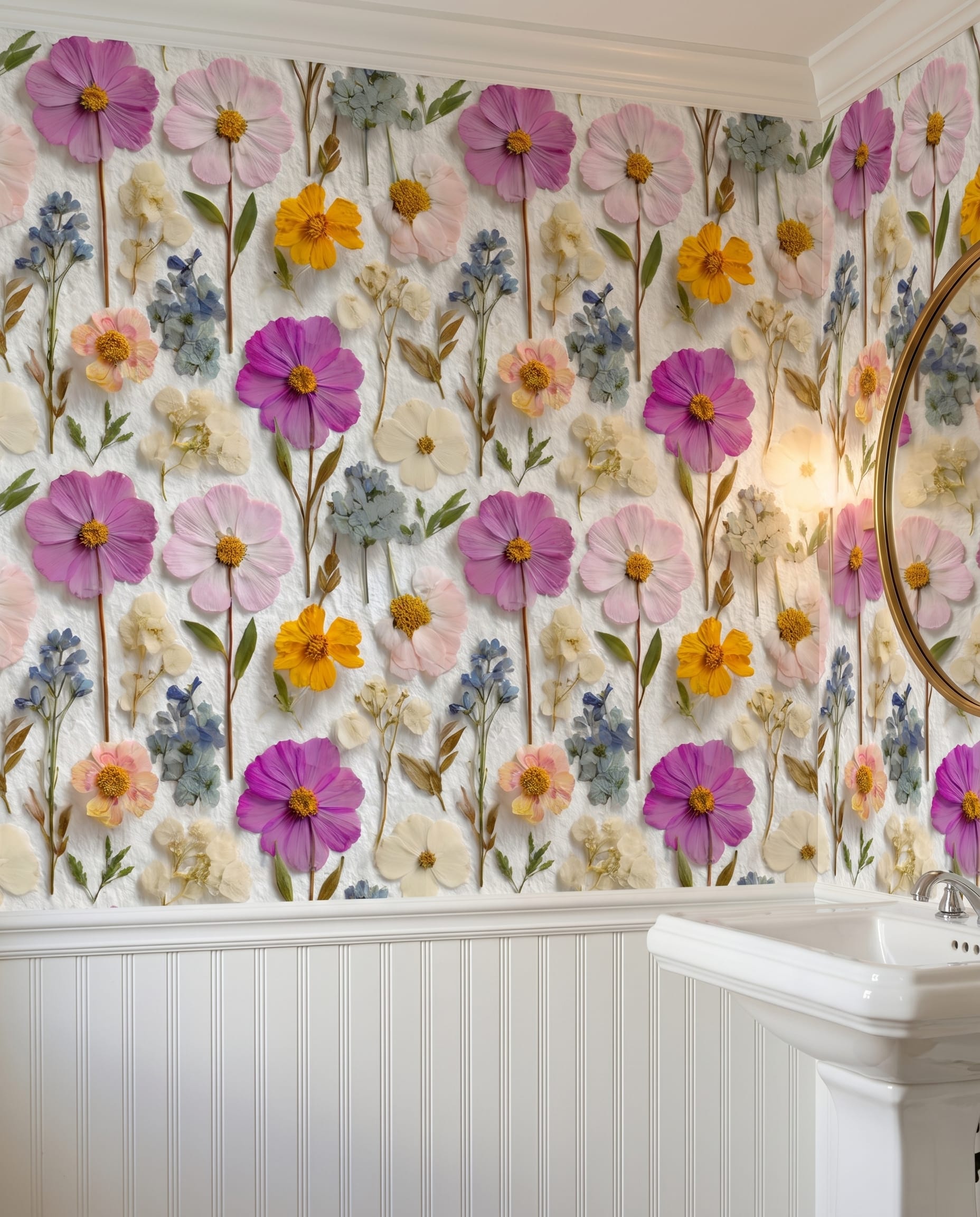 Pressed Wildflowers Vintage Botanical Wallpaper, Colorful Peel and Stick Wallpaper for a Delicate Nursery or Bedroom Accent Wall