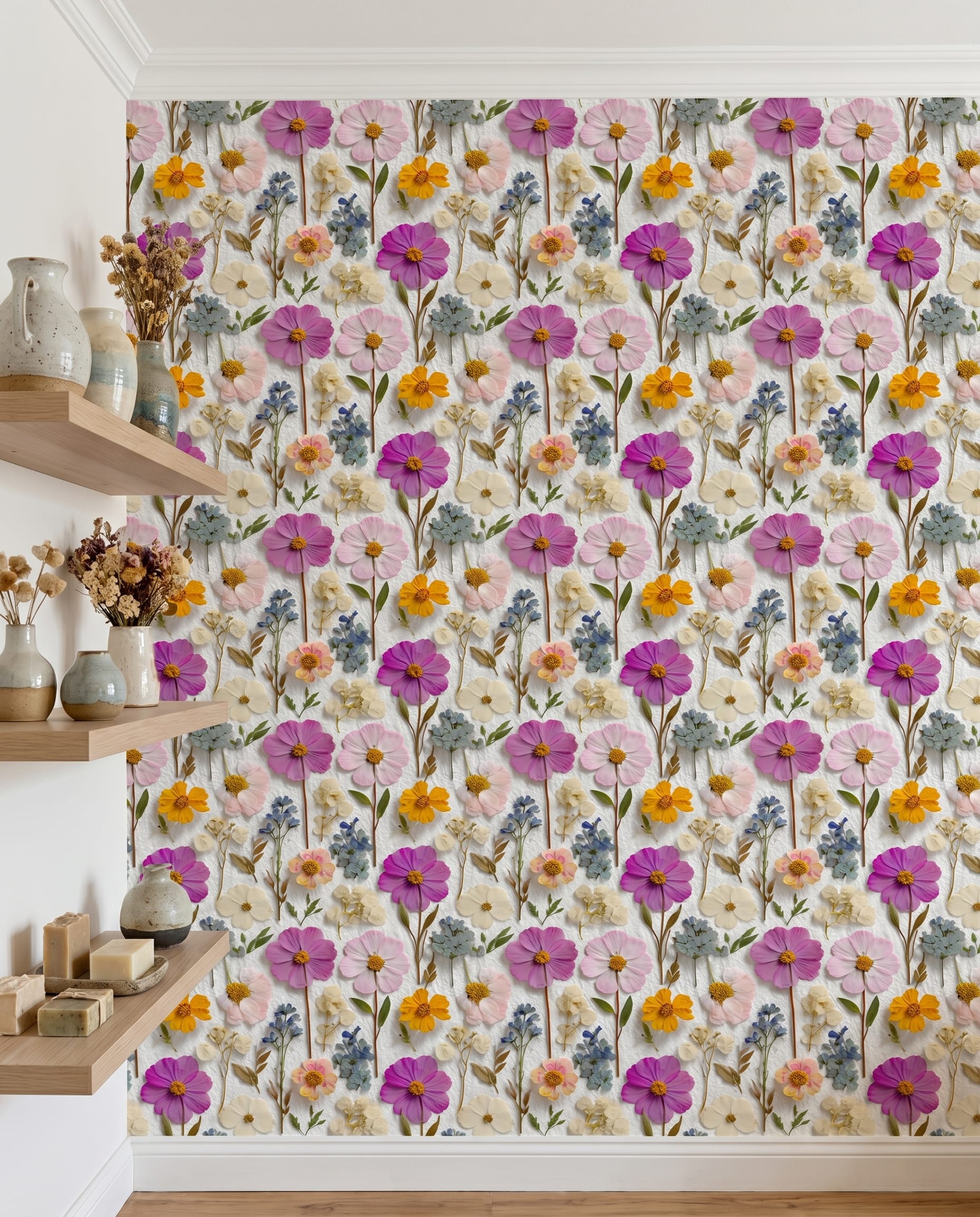 Pressed Wildflowers Vintage Botanical Wallpaper, Colorful Peel and Stick Wallpaper for a Delicate Nursery or Bedroom Accent Wall