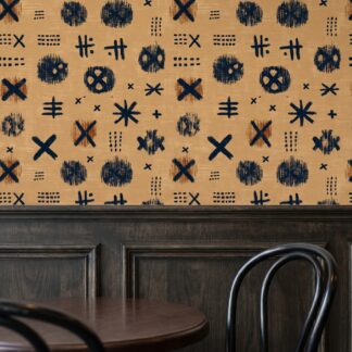 Abstract Tribal Markings Wallpaper in Tan and Black, Rustic Hand-Drawn Peel and Stick Wallpaper for a Bohemian Accent Wall