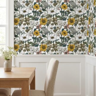 Wildflower Meadow Botanical Sketch Wallpaper in Yellow and White, Removable Peel and Stick Wallpaper for a Bedroom Accent Wall