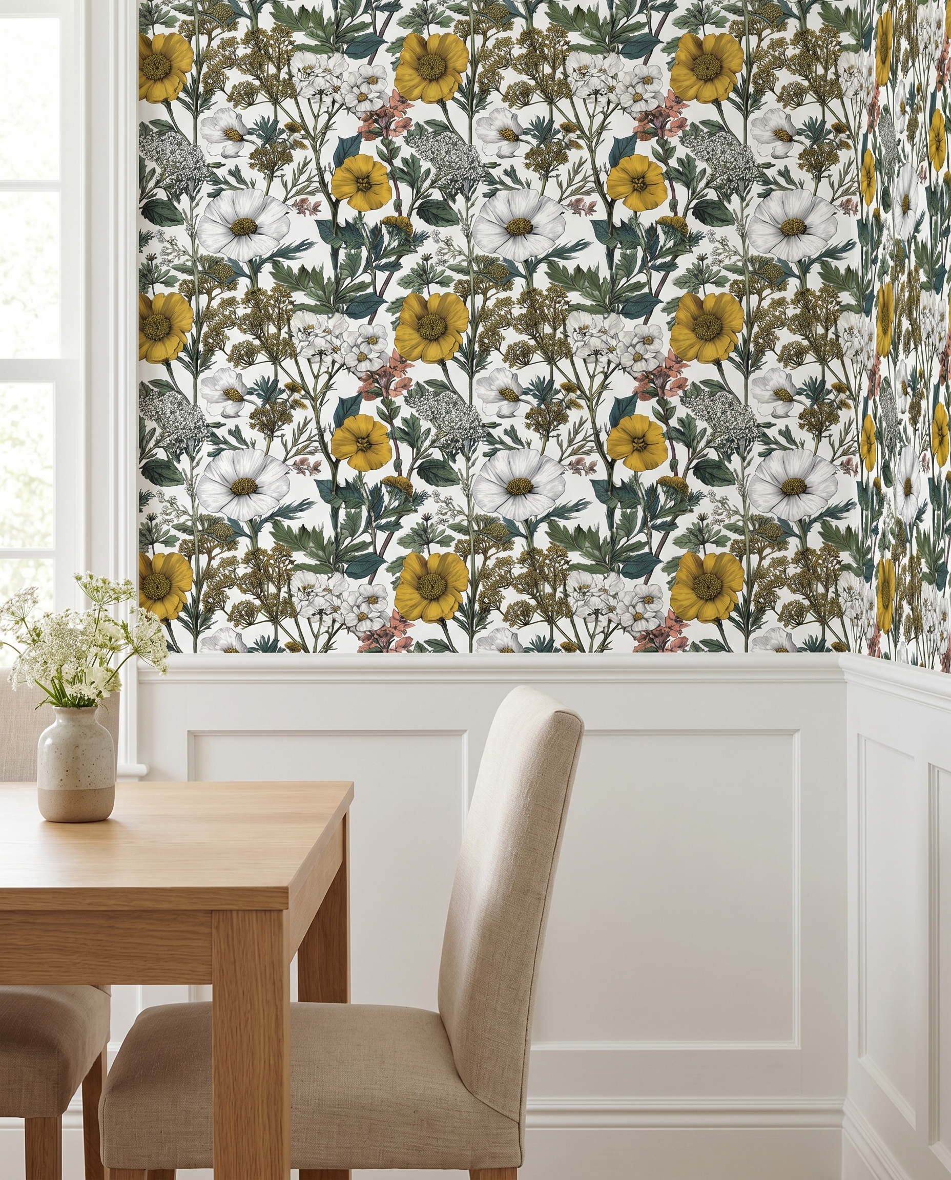 Wildflower Meadow Botanical Sketch Wallpaper in Yellow and White, Removable Peel and Stick Wallpaper for a Bedroom Accent Wall