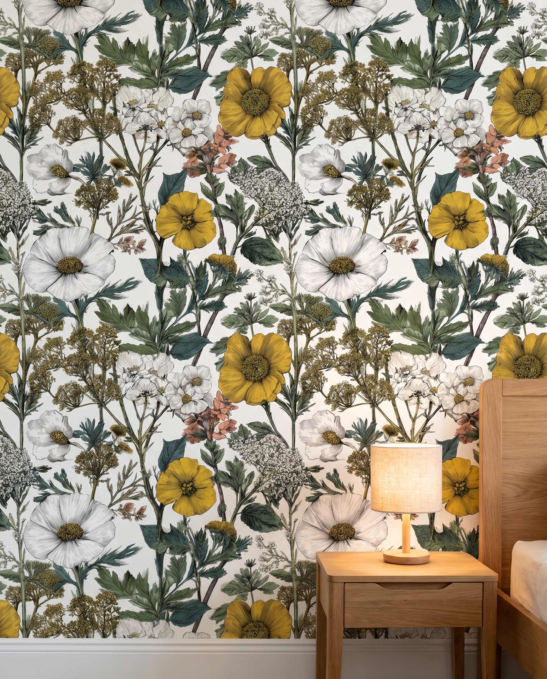 Wildflower Meadow Botanical Sketch Wallpaper in Yellow and White, Removable Peel and Stick Wallpaper for a Bedroom Accent Wall