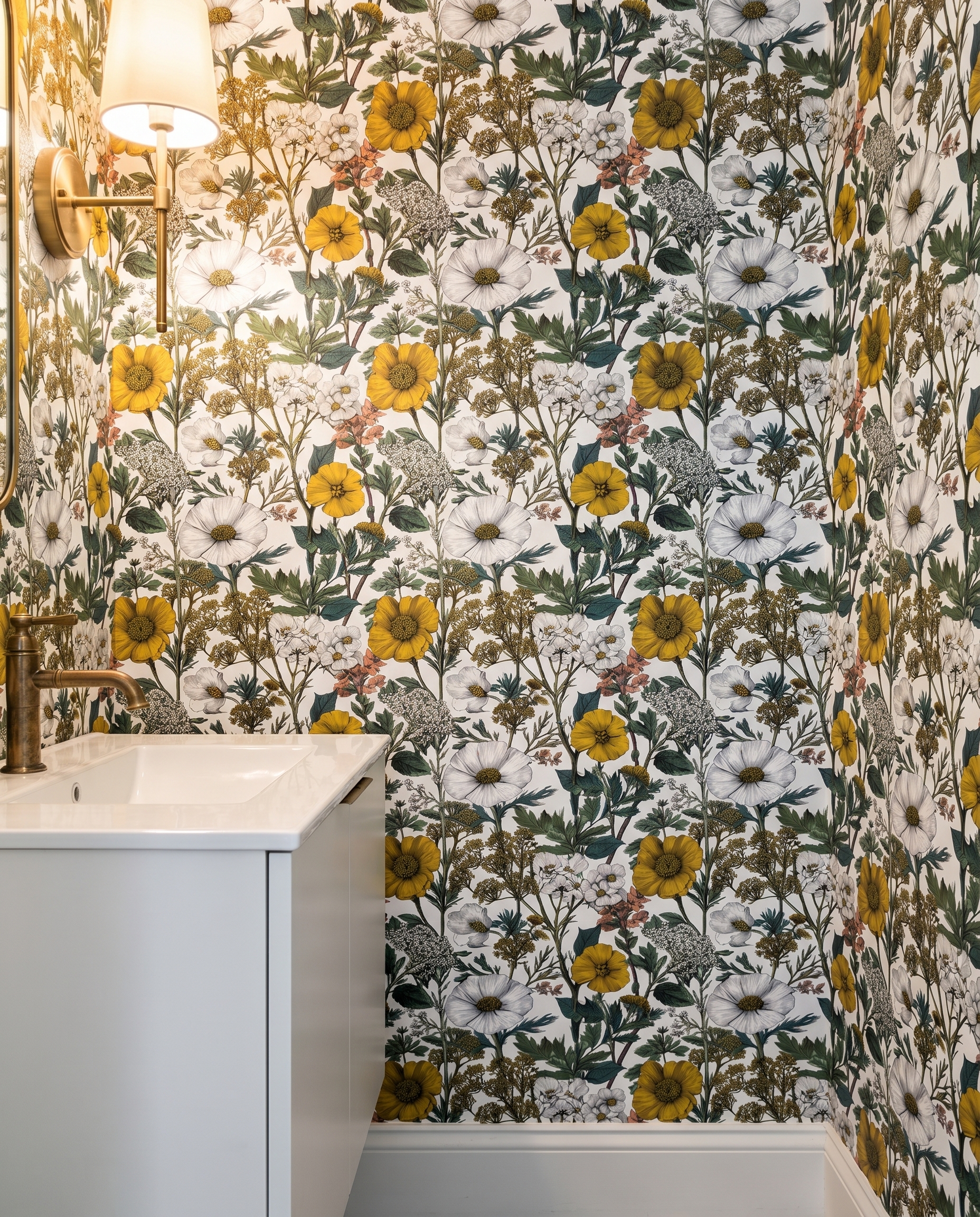 Wildflower Meadow Botanical Sketch Wallpaper in Yellow and White, Removable Peel and Stick Wallpaper for a Bedroom Accent Wall