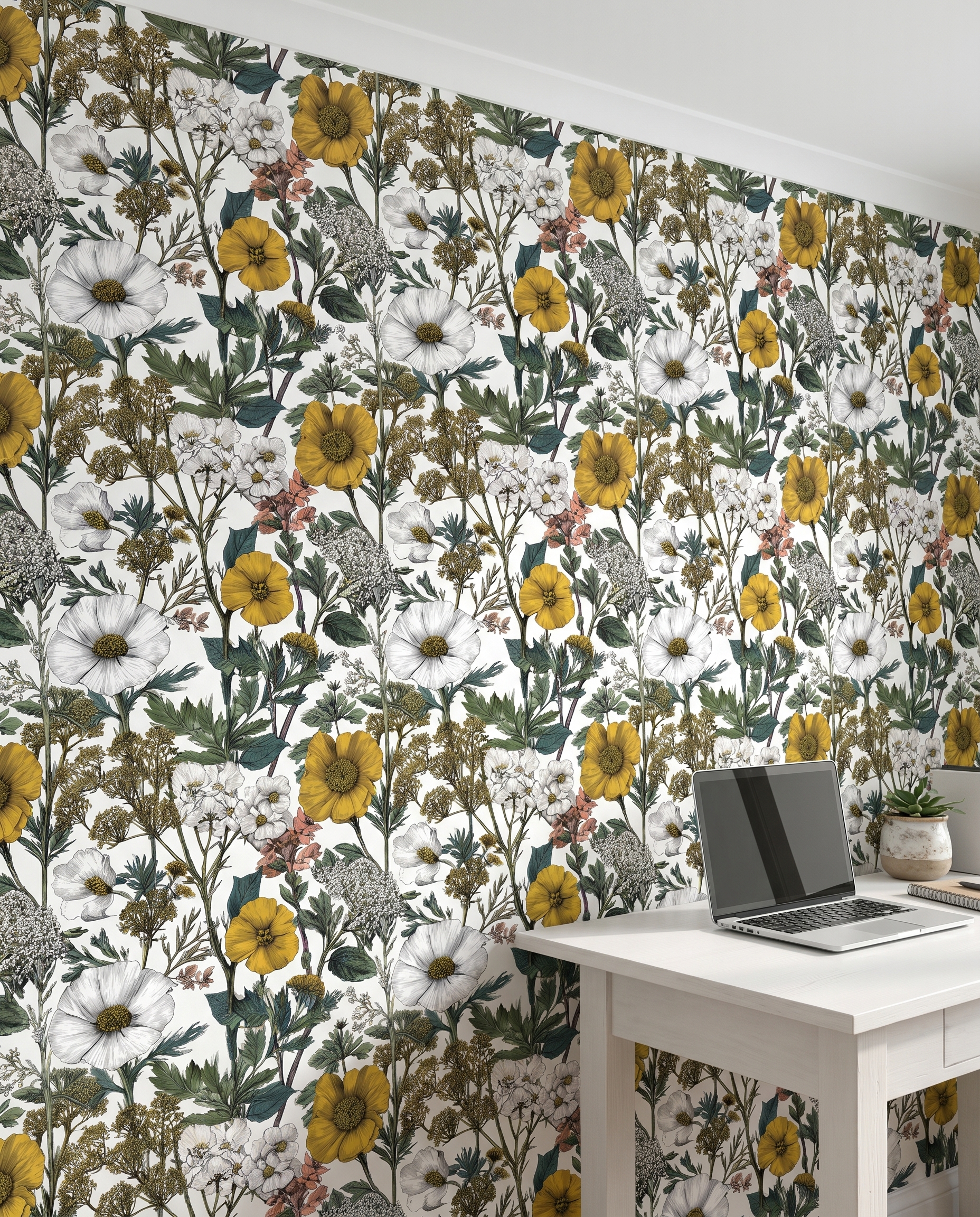 Wildflower Meadow Botanical Sketch Wallpaper in Yellow and White, Removable Peel and Stick Wallpaper for a Bedroom Accent Wall
