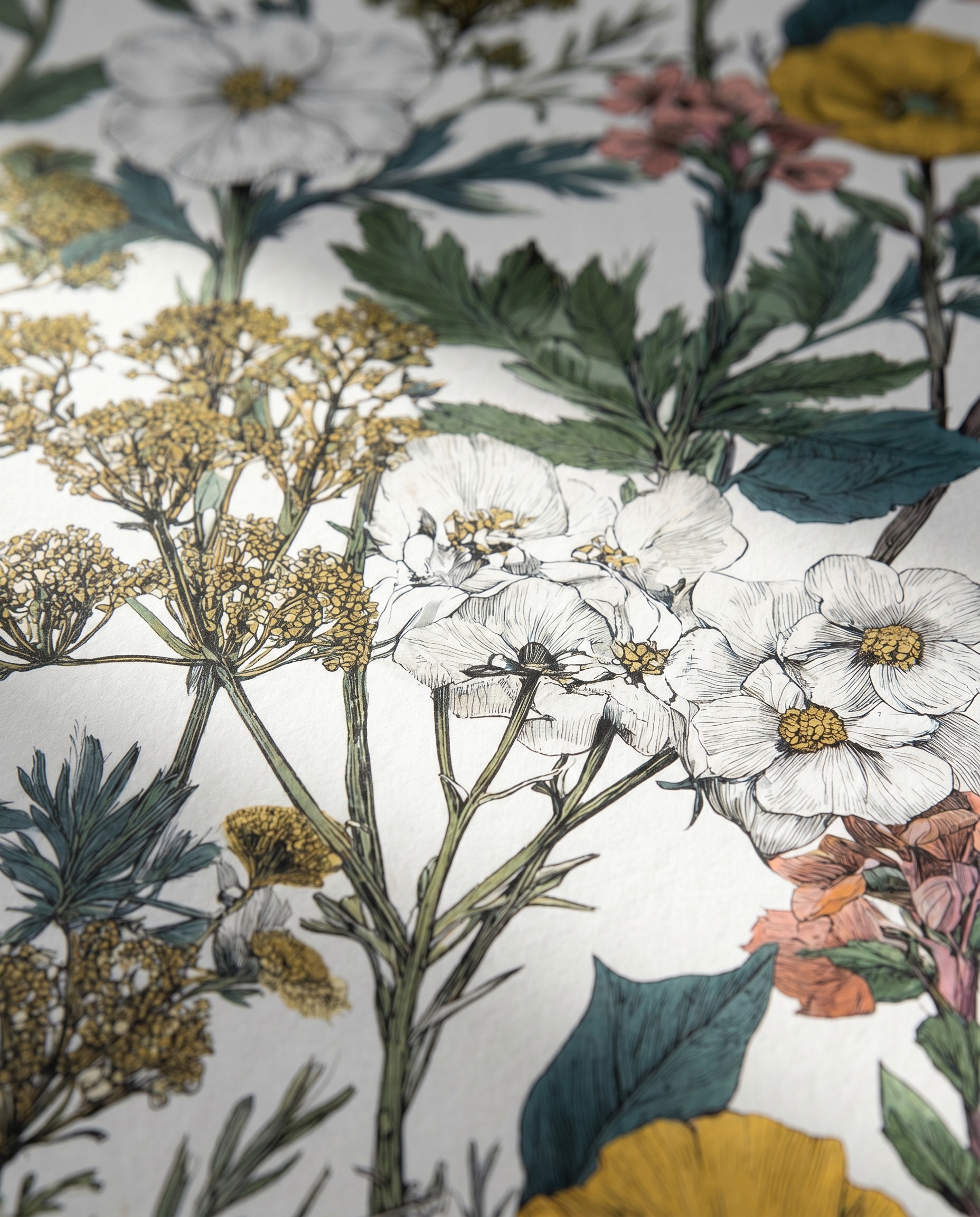Wildflower Meadow Botanical Sketch Wallpaper in Yellow and White, Removable Peel and Stick Wallpaper for a Bedroom Accent Wall